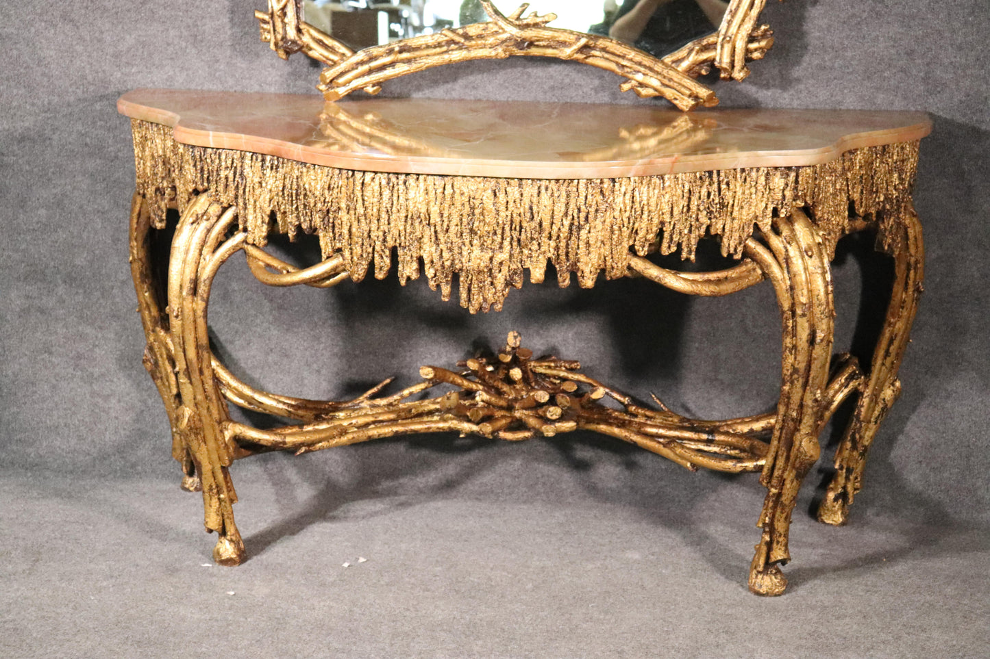 Large Gilded French Louis XVI Style Faux Bois Console Table with Mirror