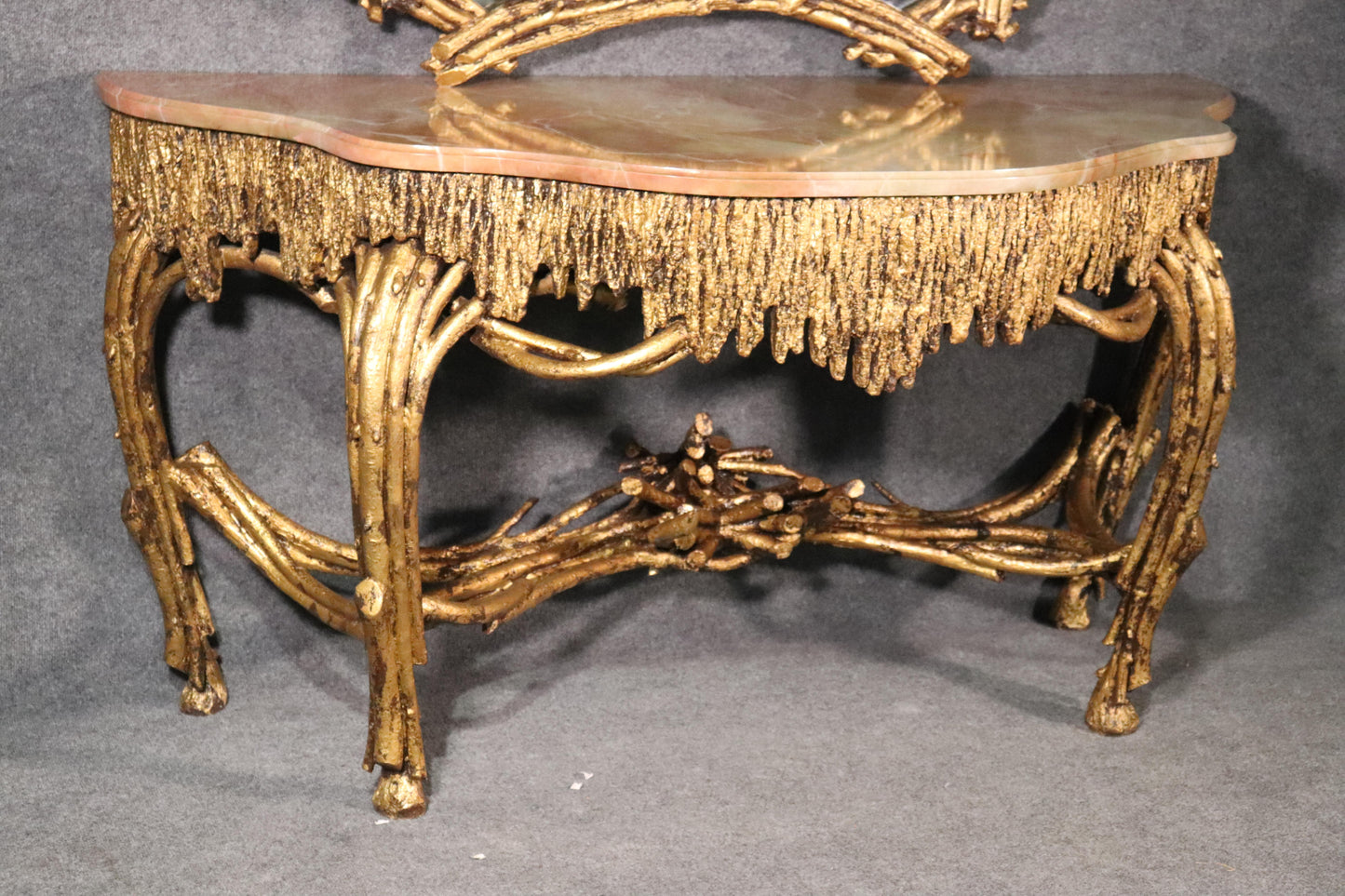 Large Gilded French Louis XVI Style Faux Bois Console Table with Mirror