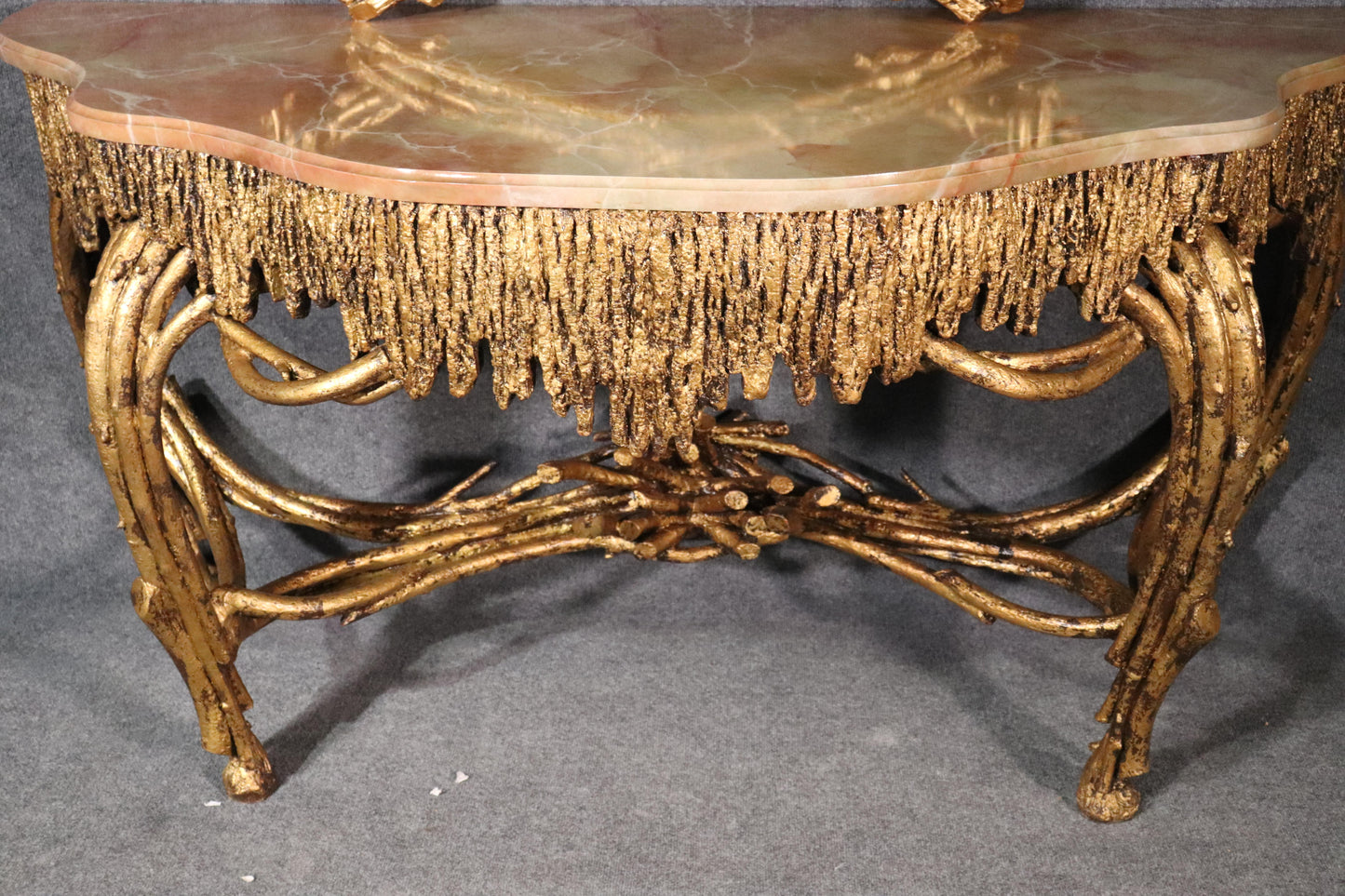 Large Gilded French Louis XVI Style Faux Bois Console Table with Mirror