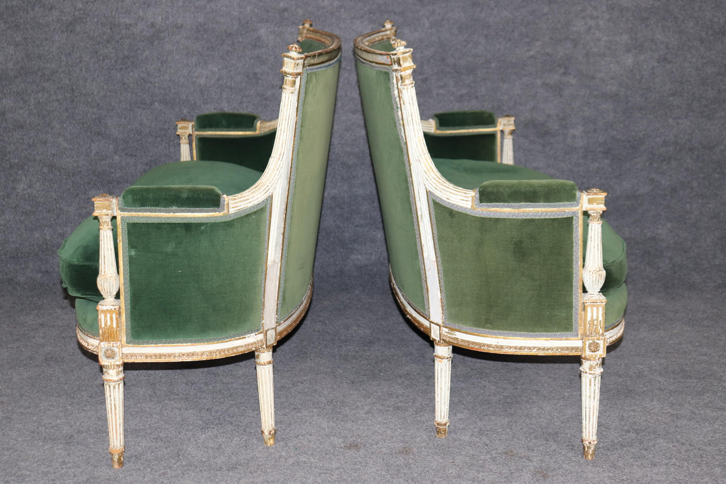 Rare Matched Pair 19th century French Louis XVI Style Distressed Painted Settees