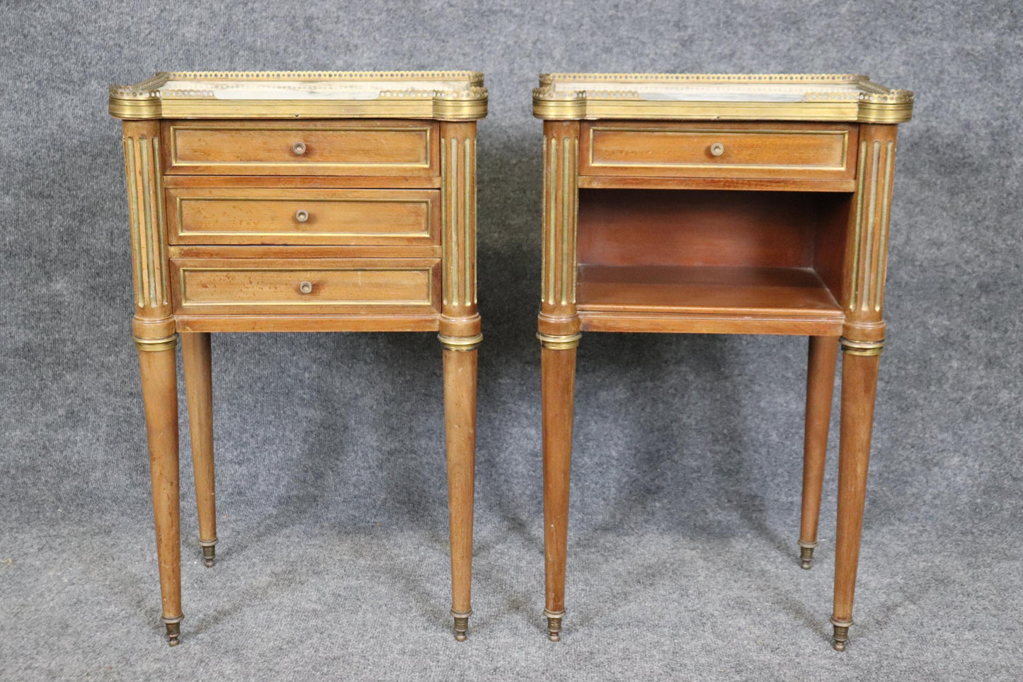 Pair of Brass Fluted Walnut Directoire French Nightstands End Tables Marble Tops