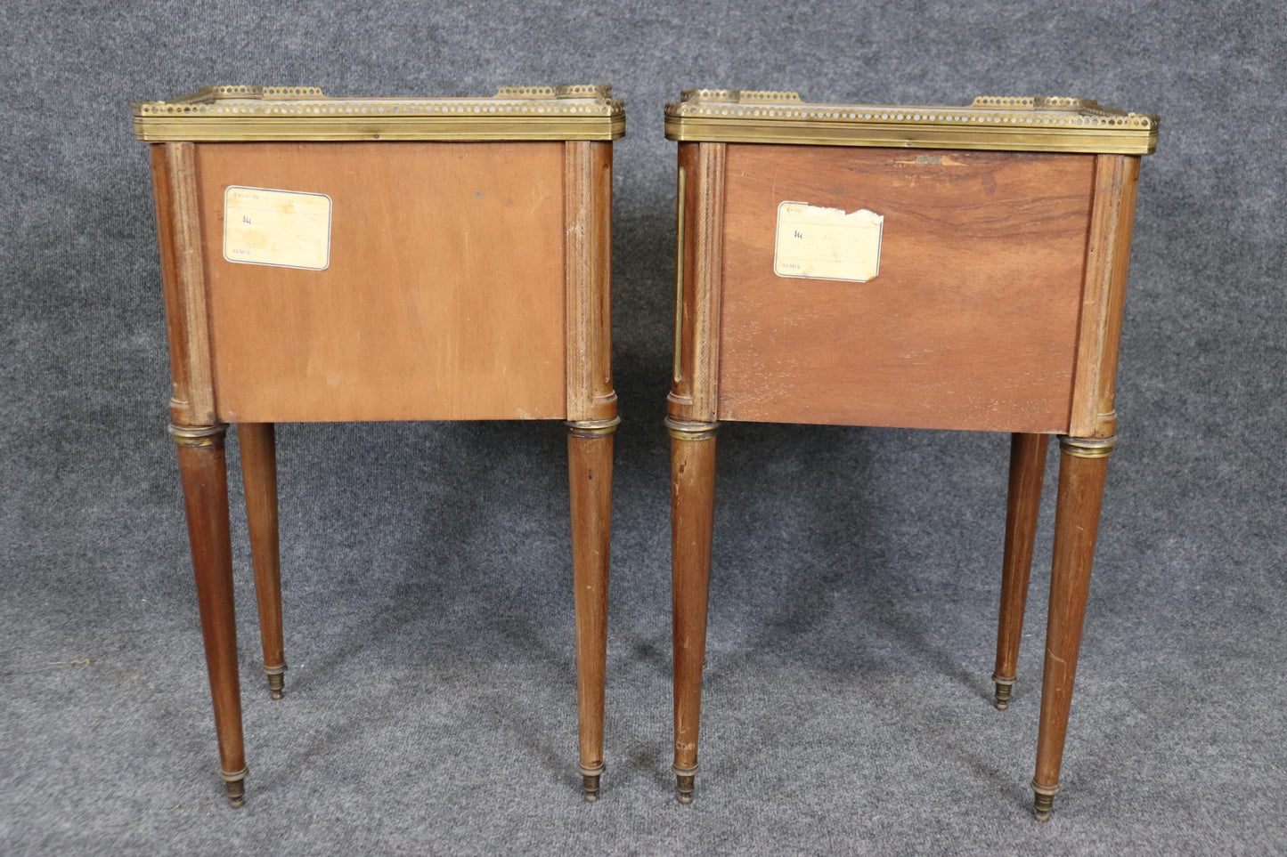 Pair of Brass Fluted Walnut Directoire French Nightstands End Tables Marble Tops