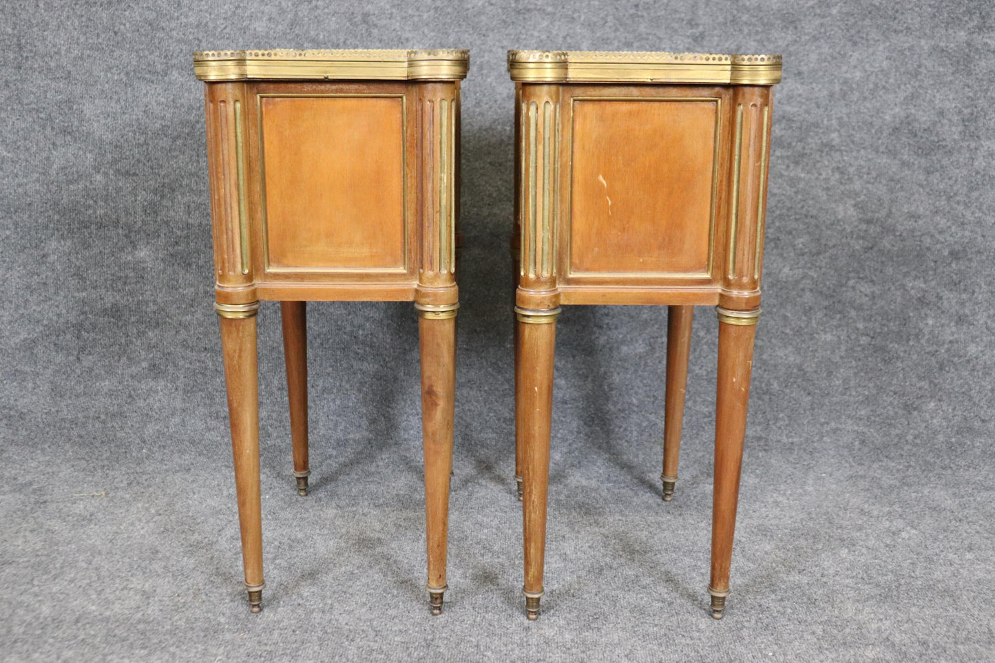 Pair of Brass Fluted Walnut Directoire French Nightstands End Tables Marble Tops