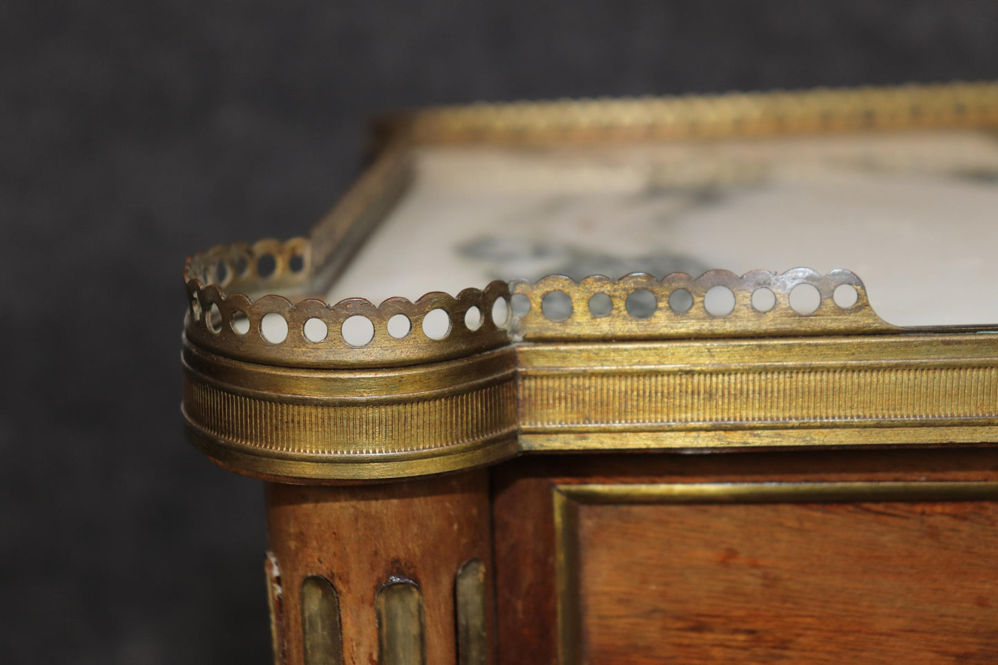 Pair of Brass Fluted Walnut Directoire French Nightstands End Tables Marble Tops