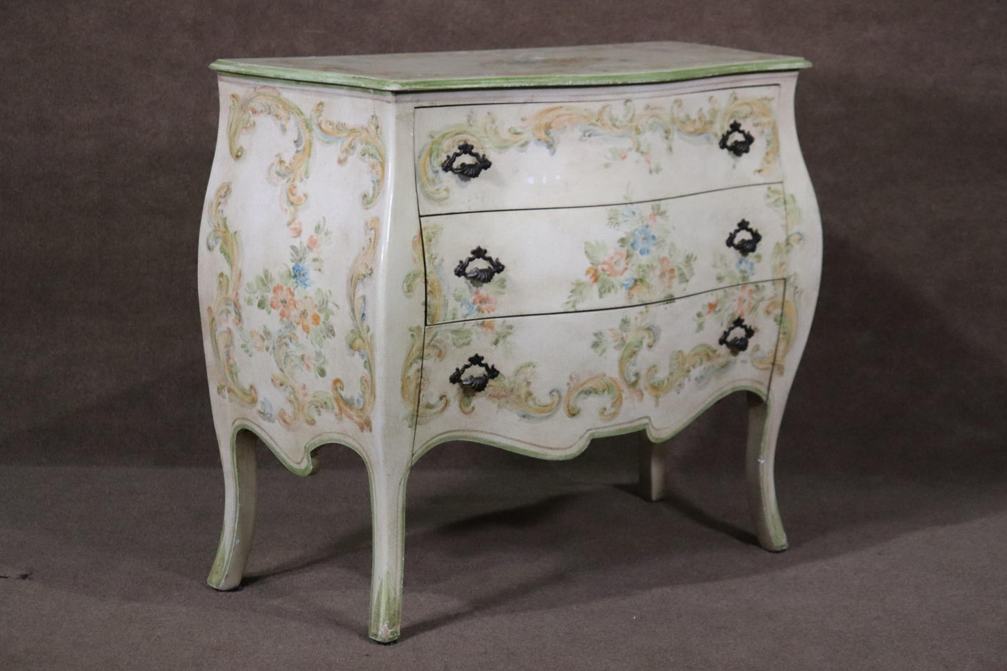 Venetian Paint Decorated Bombe Form Louis XV Style Dresser circa 1940