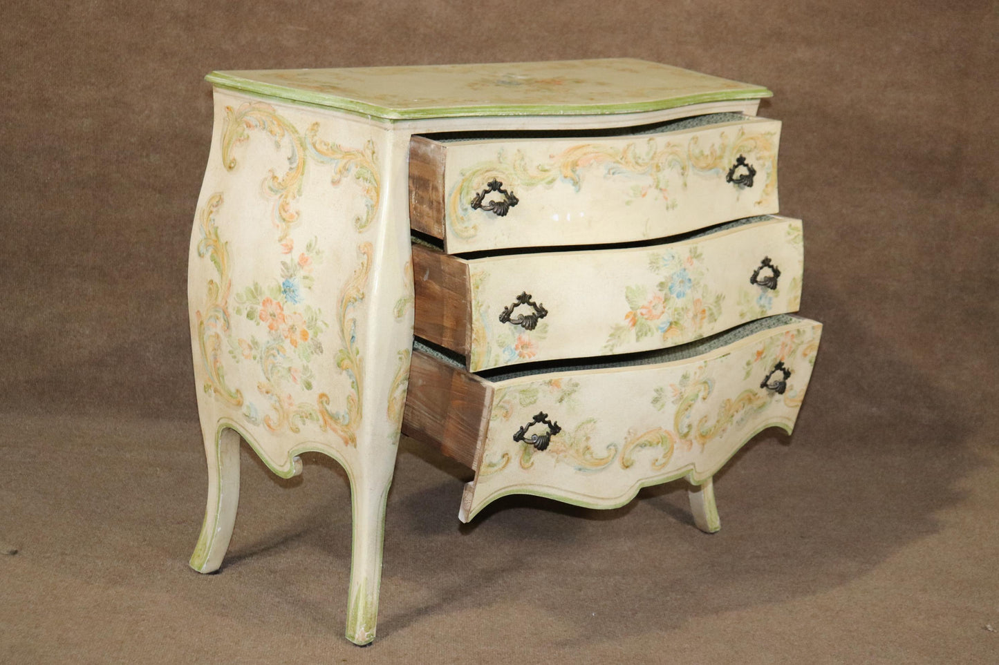 Venetian Paint Decorated Bombe Form Louis XV Style Dresser circa 1940