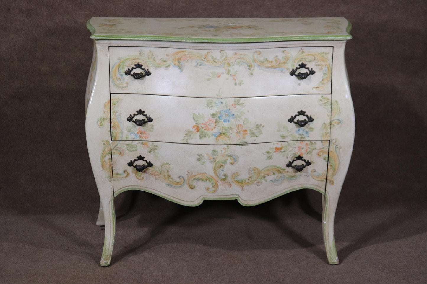 Venetian Paint Decorated Bombe Form Louis XV Style Dresser circa 1940