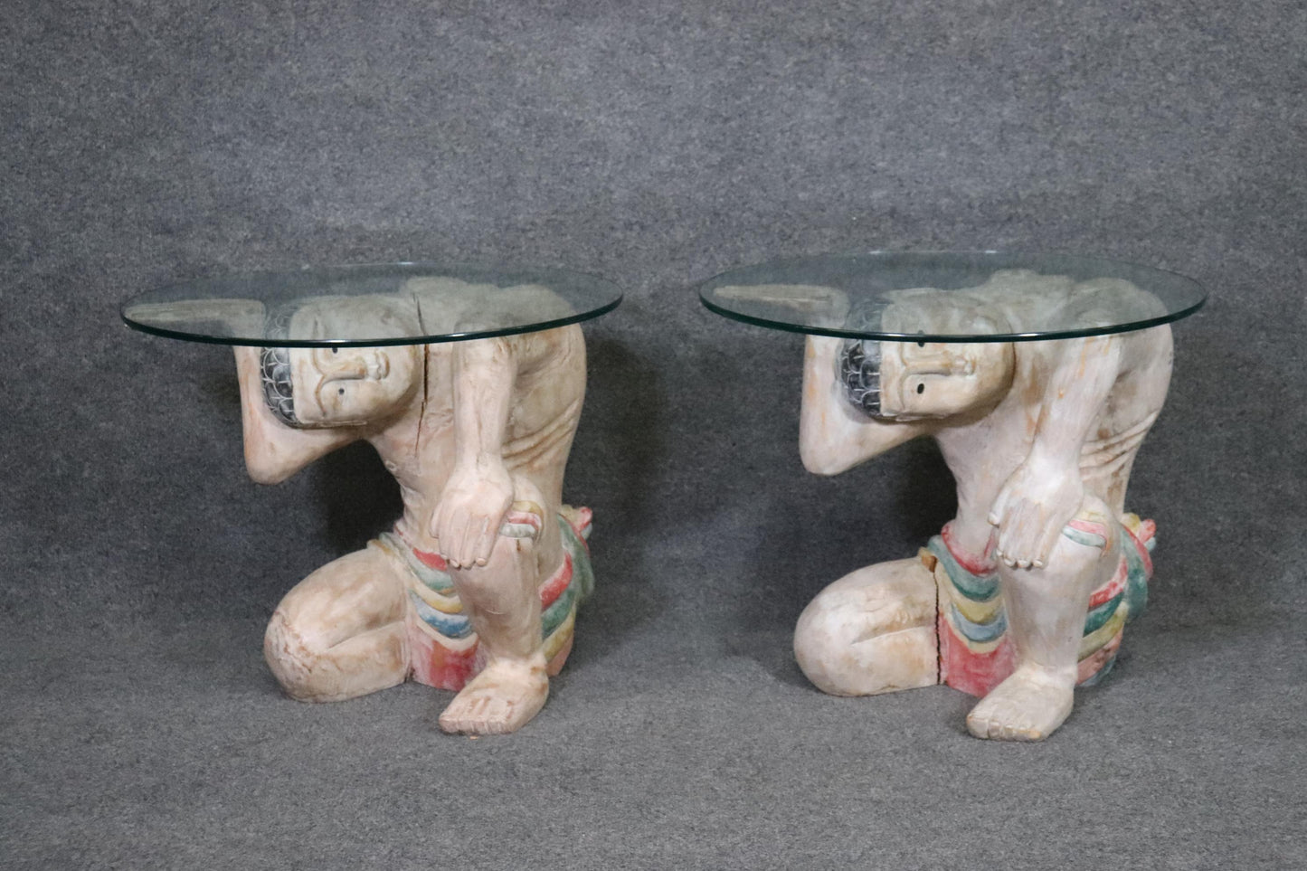 Pair of Antique Carved Figural Glass Top End Tables Side Tables