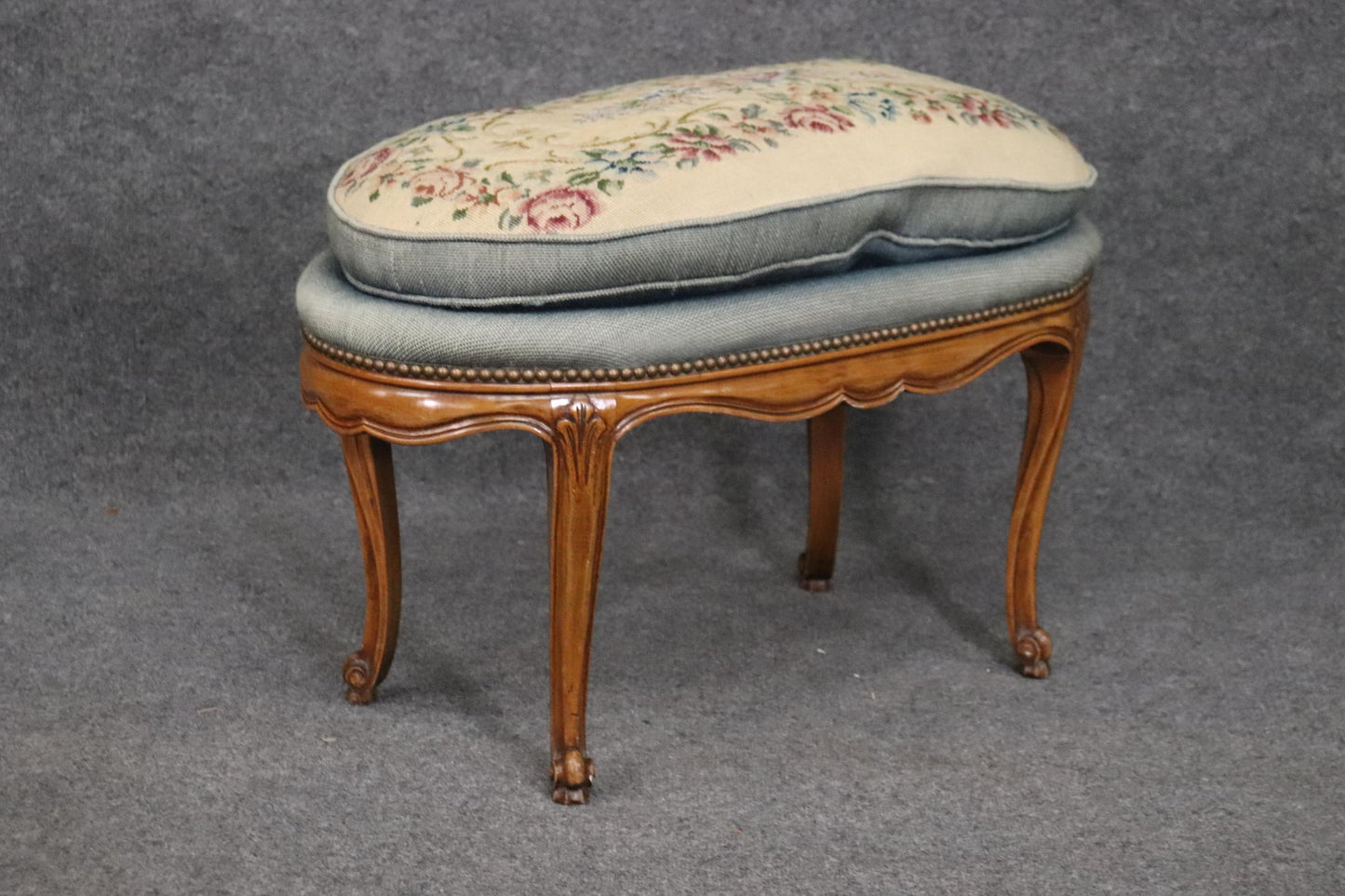 Carved Walnut French Louis XV Oval Foot Stool Circa 1930