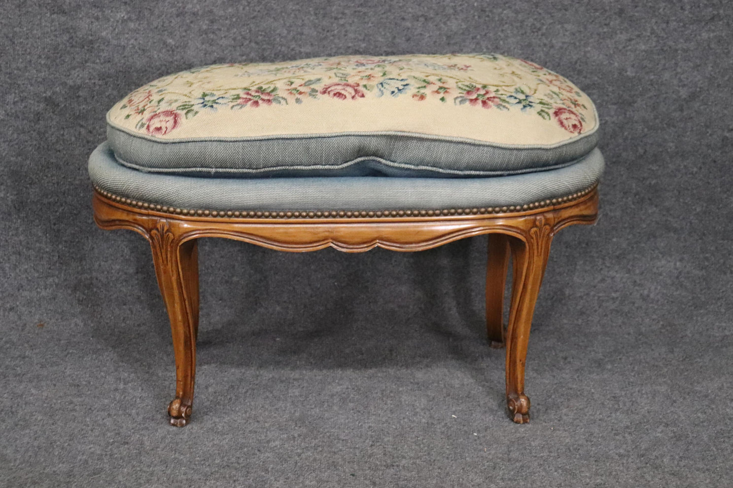 Carved Walnut French Louis XV Oval Foot Stool Circa 1930