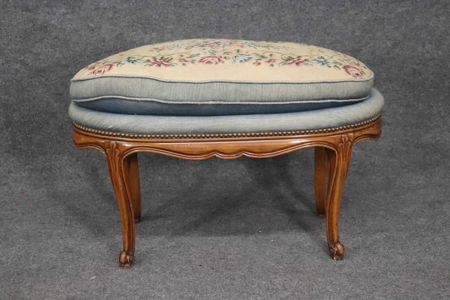 Carved Walnut French Louis XV Oval Foot Stool Circa 1930