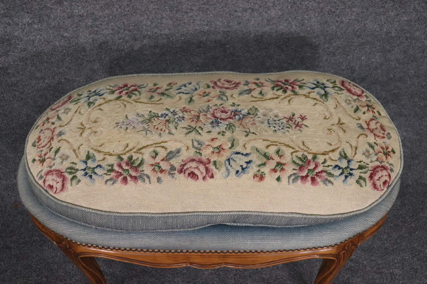 Carved Walnut French Louis XV Oval Foot Stool Circa 1930