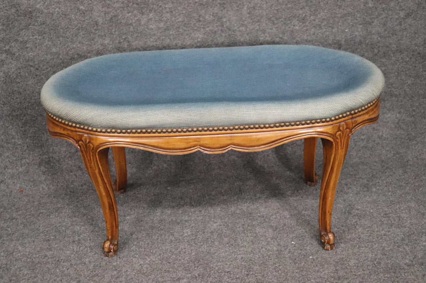 Carved Walnut French Louis XV Oval Foot Stool Circa 1930