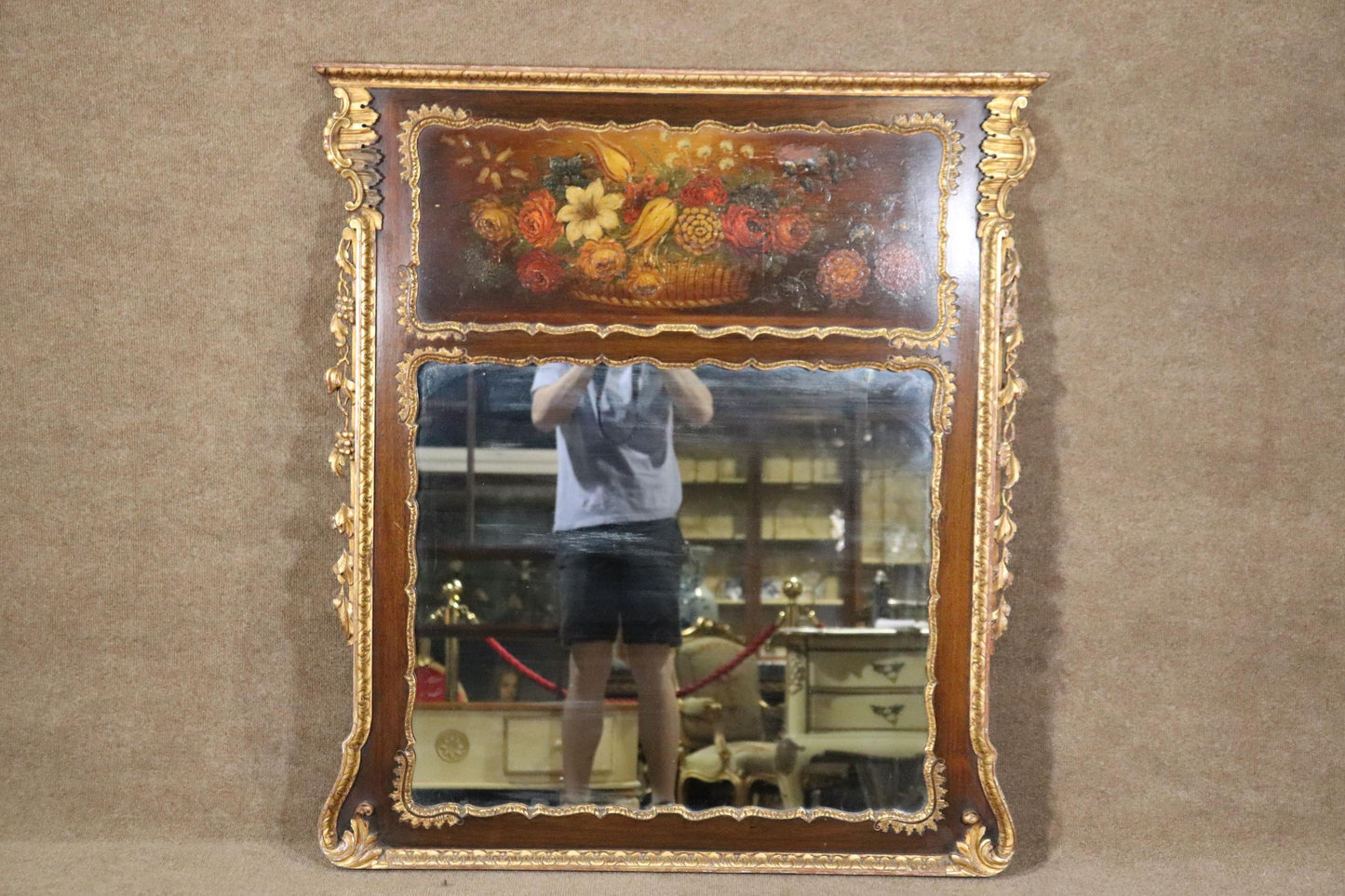 Floral Paint Decorated Mahogany Trumeau Wall Mirror