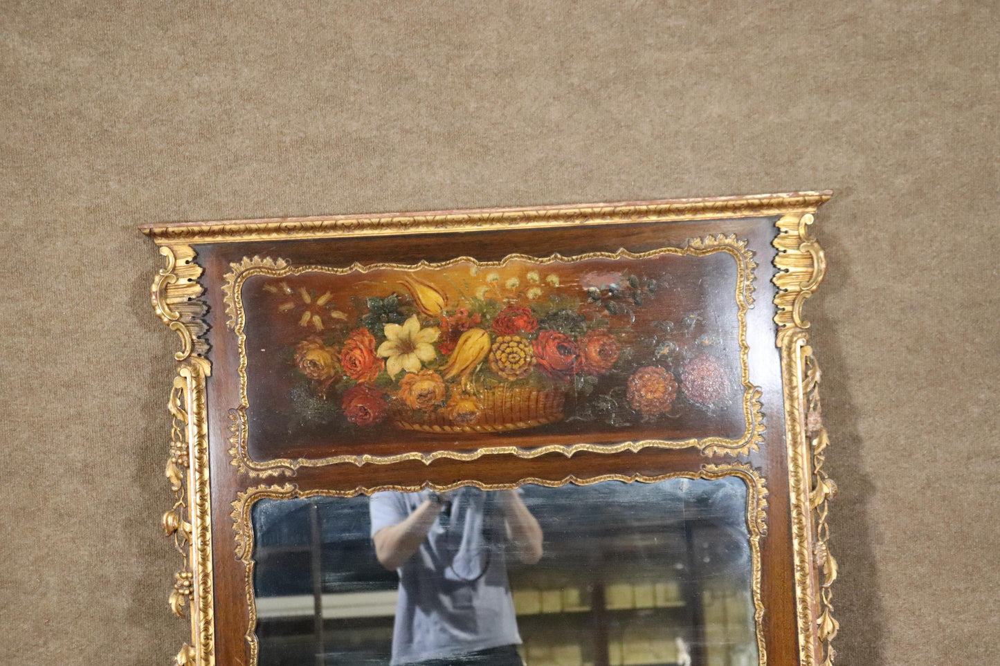 Floral Paint Decorated Mahogany Trumeau Wall Mirror