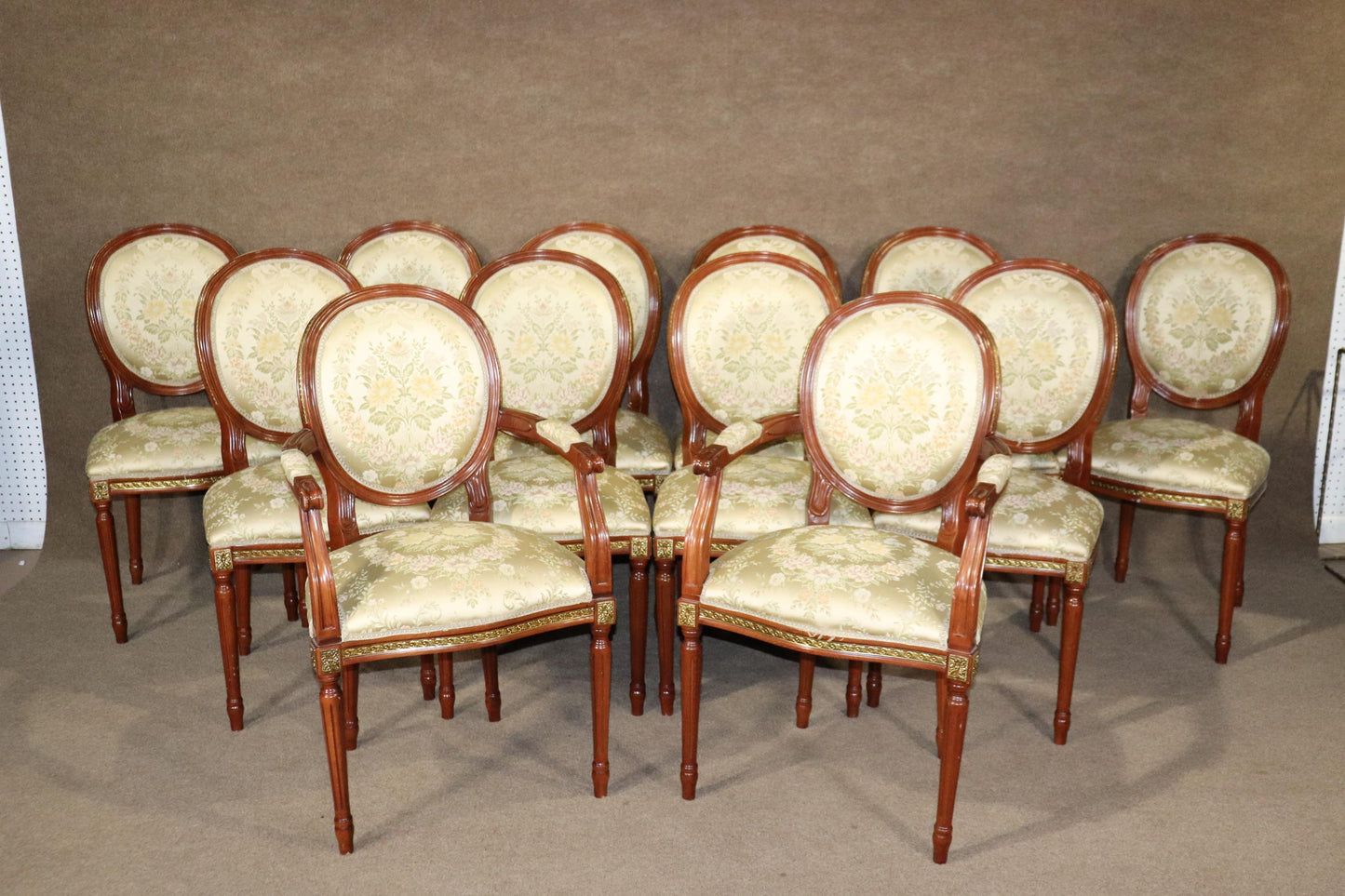 Set 12 Bronze Mounted French Louis XVI Style Walnut Dining Chairs circa 1960