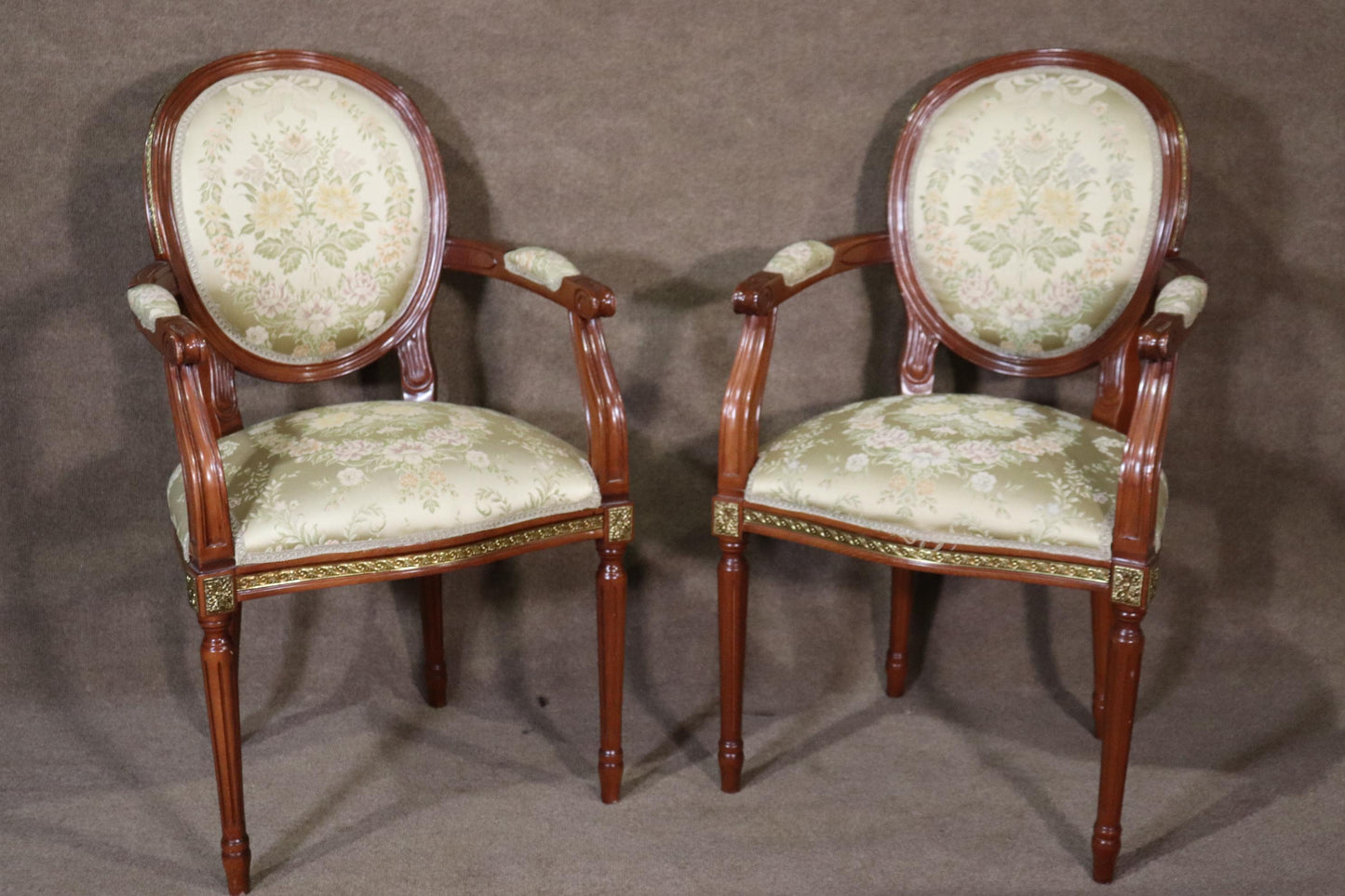 Set 12 Bronze Mounted French Louis XVI Style Walnut Dining Chairs circa 1960