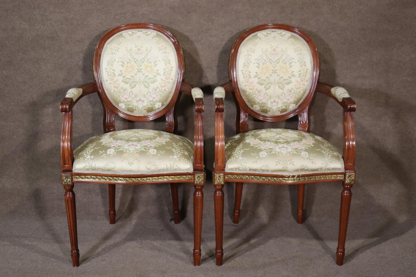 Set 12 Bronze Mounted French Louis XVI Style Walnut Dining Chairs circa 1960