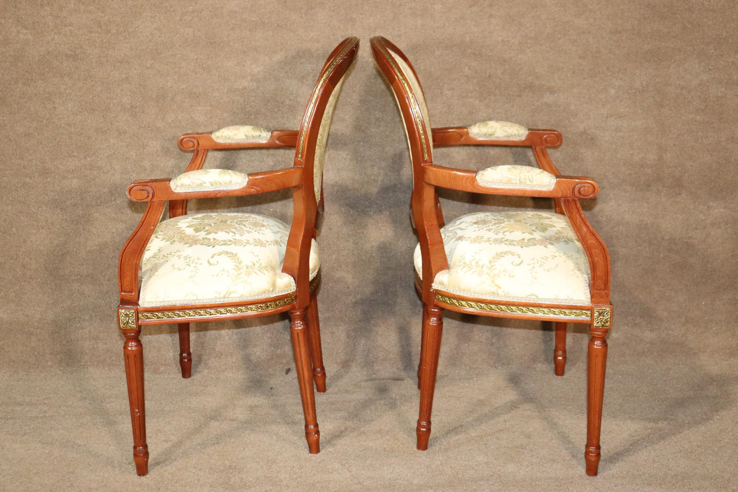 Set 12 Bronze Mounted French Louis XVI Style Walnut Dining Chairs circa 1960