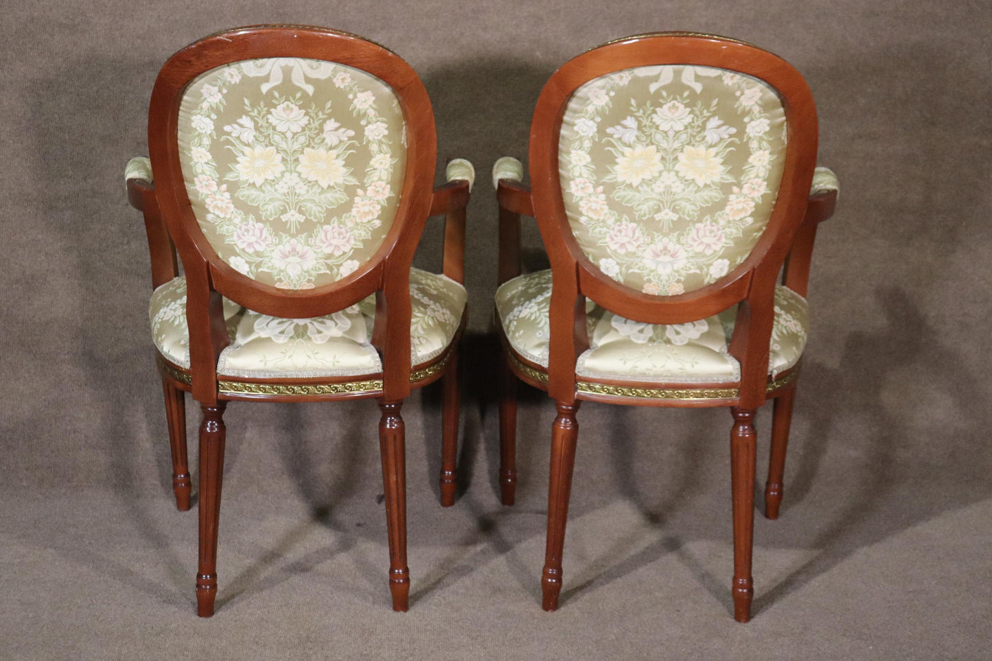 Set 12 Bronze Mounted French Louis XVI Style Walnut Dining Chairs circa 1960