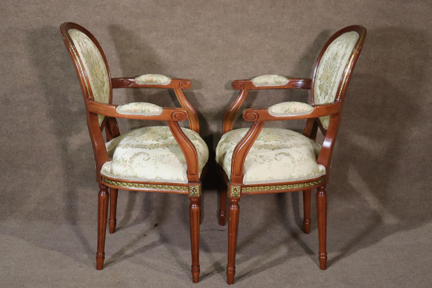 Set 12 Bronze Mounted French Louis XVI Style Walnut Dining Chairs circa 1960