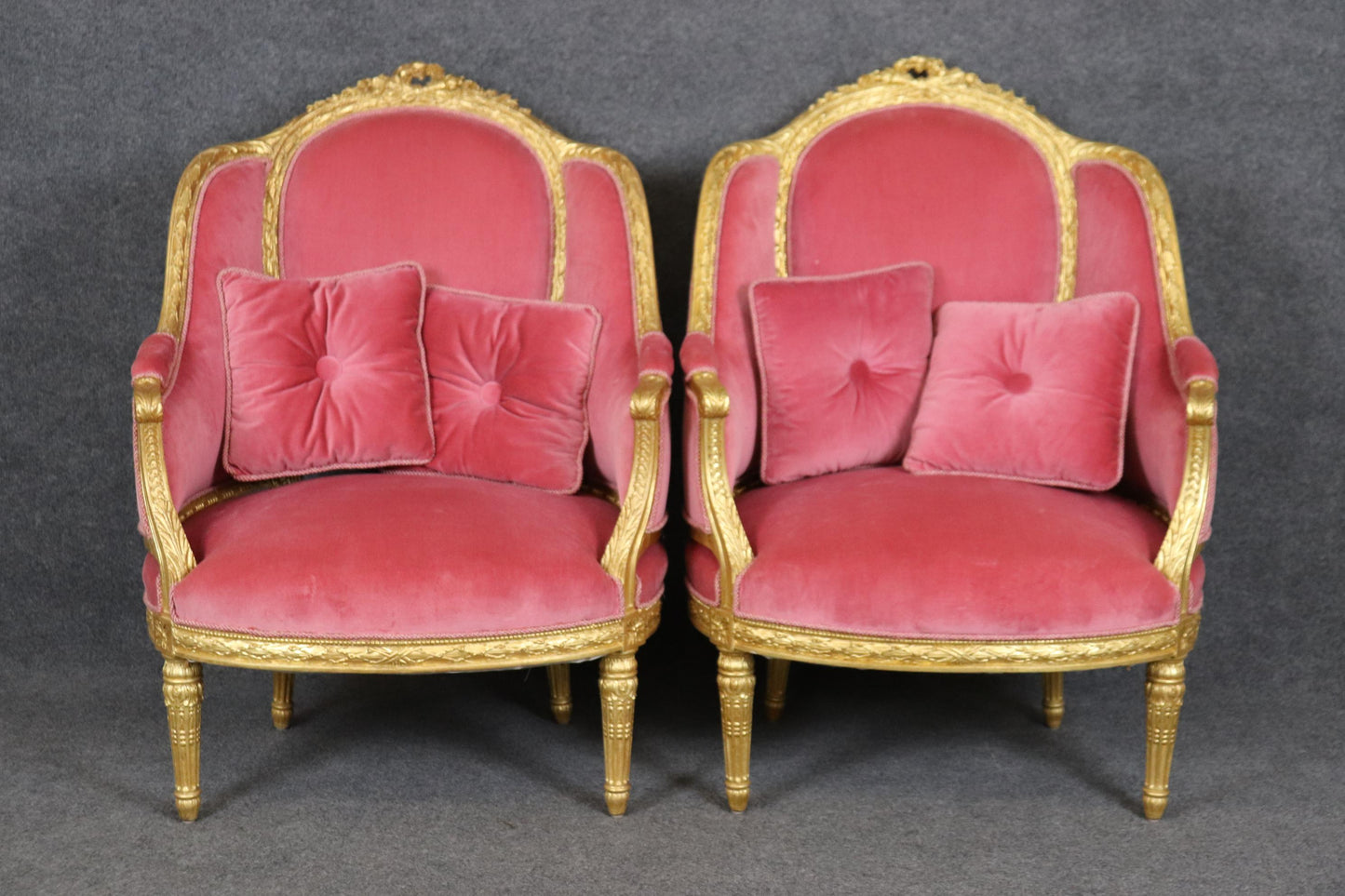 Fine Pair Genuine Gold Leaf Carved French Louis XVI Style French Bergeres