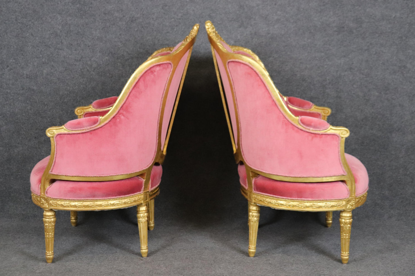 Fine Pair Genuine Gold Leaf Carved French Louis XVI Style French Bergeres