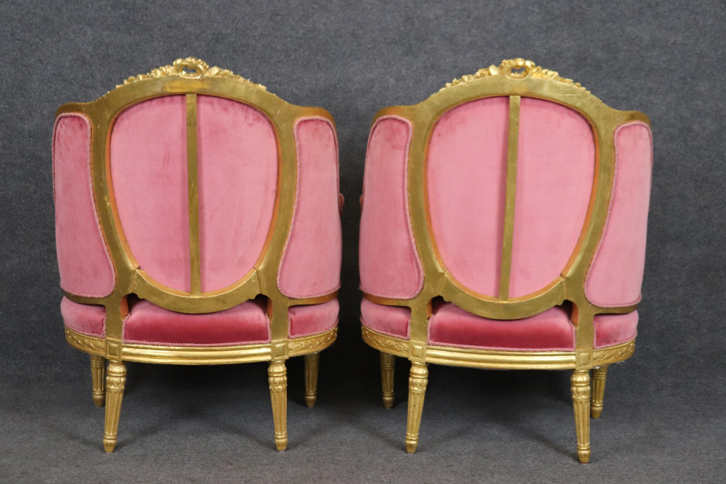 Fine Pair Genuine Gold Leaf Carved French Louis XVI Style French Bergeres