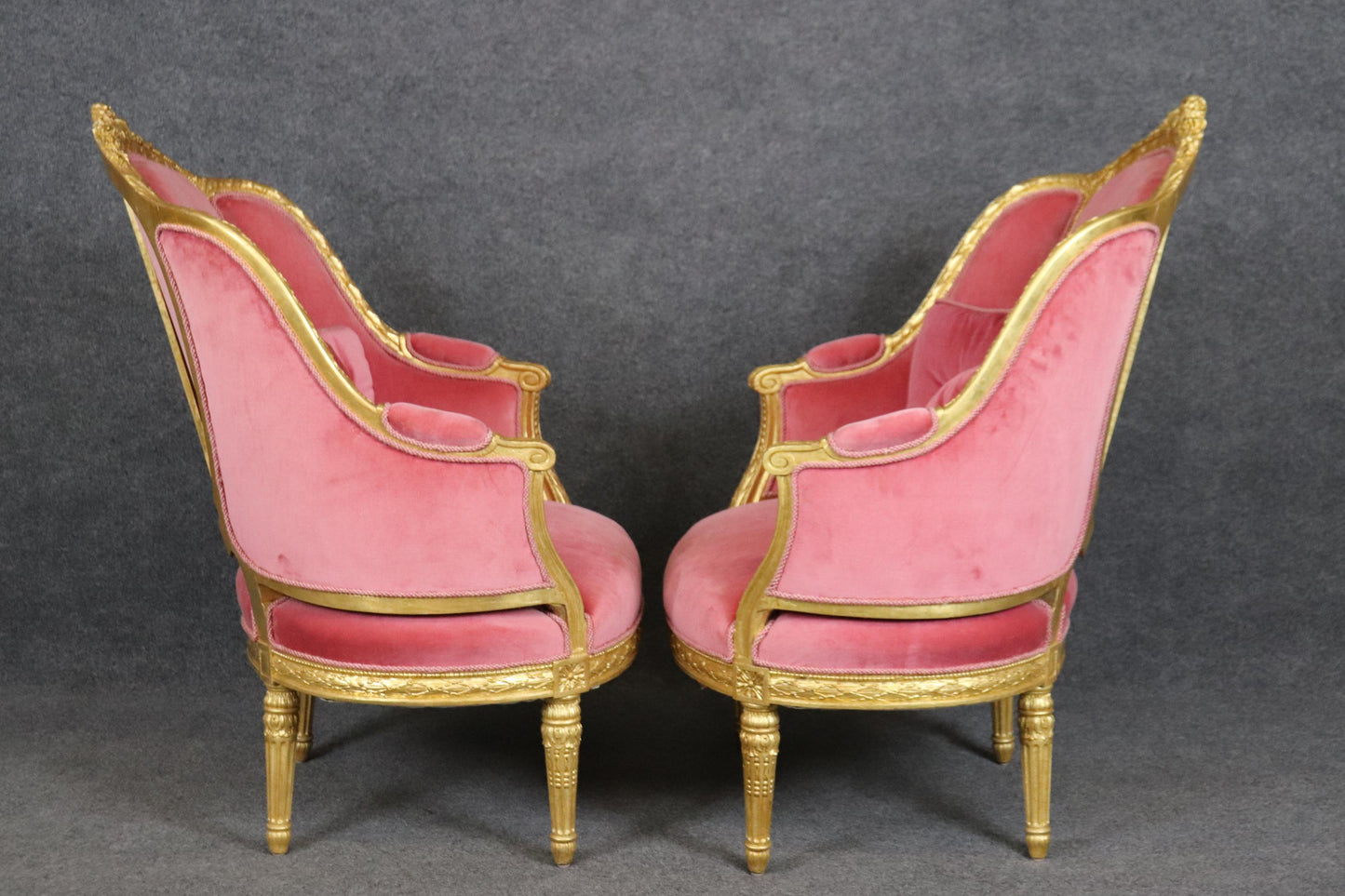 Fine Pair Genuine Gold Leaf Carved French Louis XVI Style French Bergeres