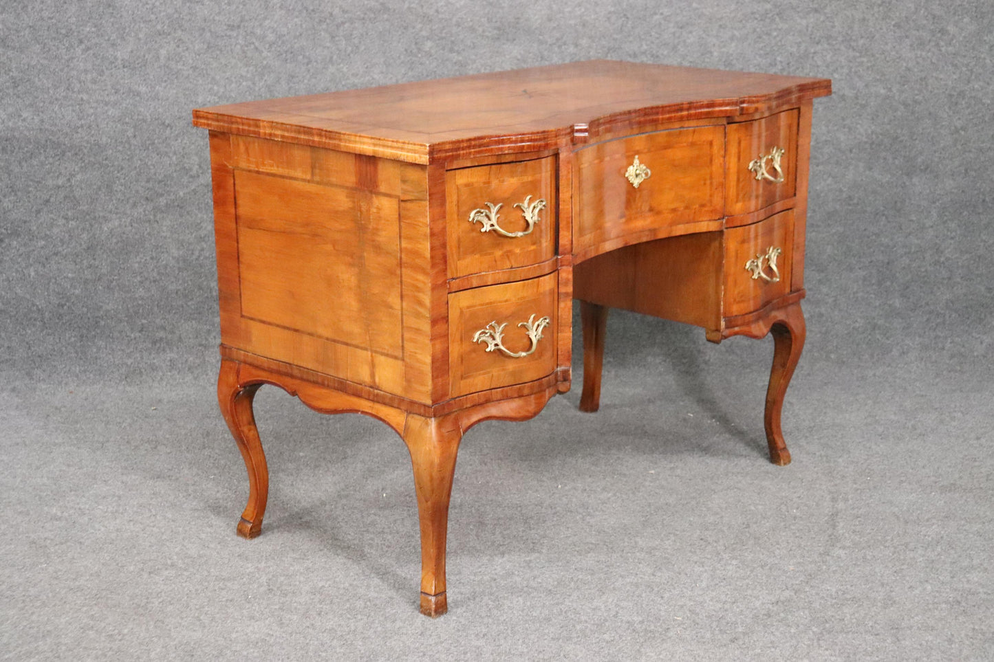 Gorgeous Inlaid Continental Louis XV Style Walnut Writing Desk circa 1920s