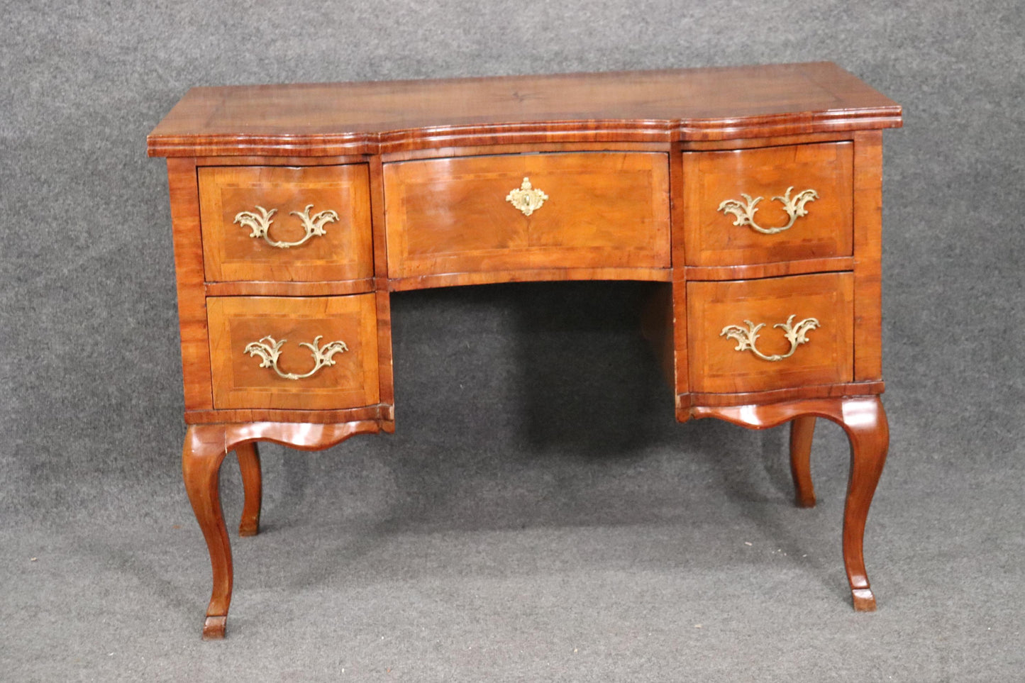 Gorgeous Inlaid Continental Louis XV Style Walnut Writing Desk circa 1920s