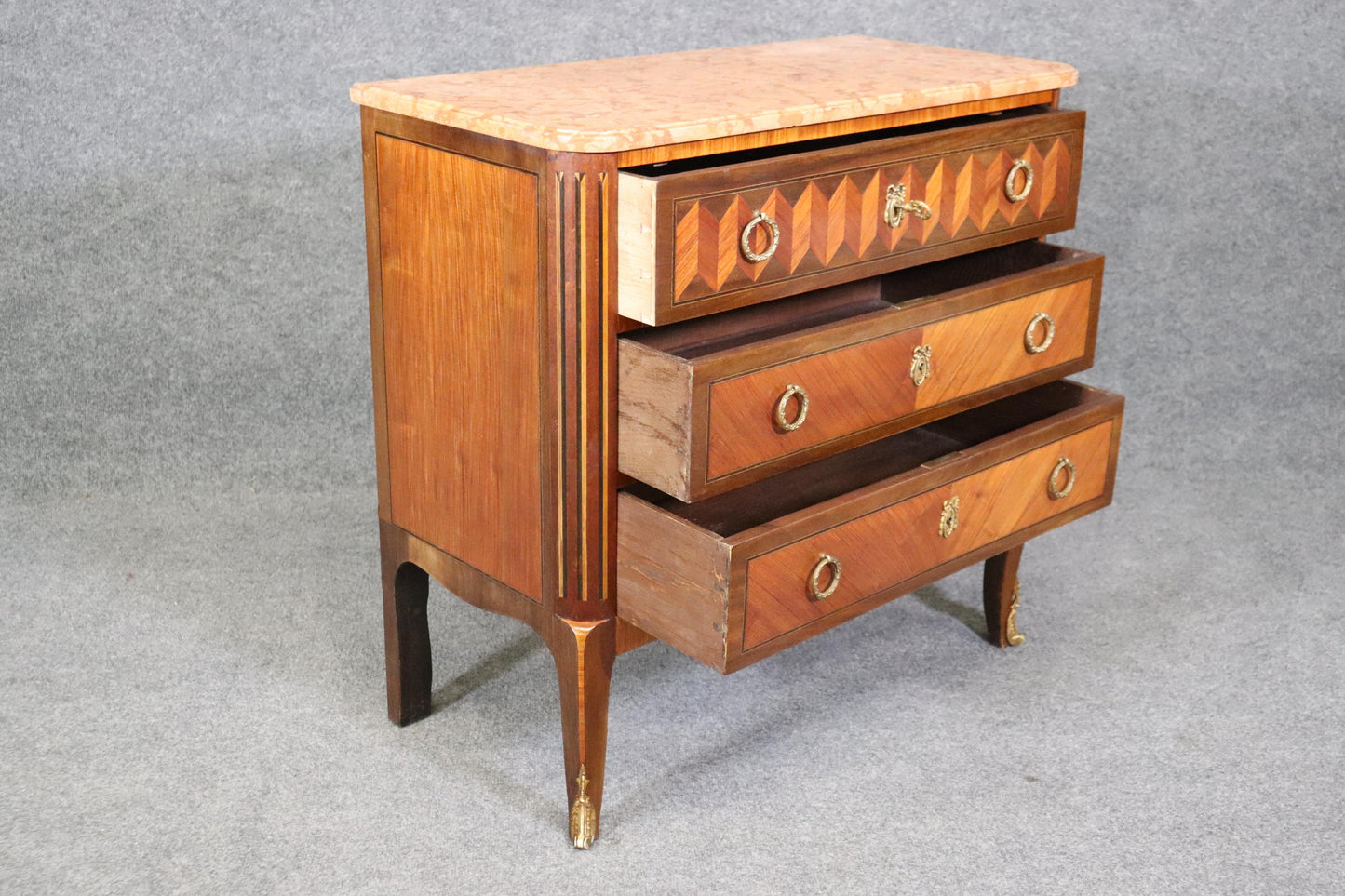 Fine Quality French Louis XV Kingwood and Coral Hued Marble Top Commode