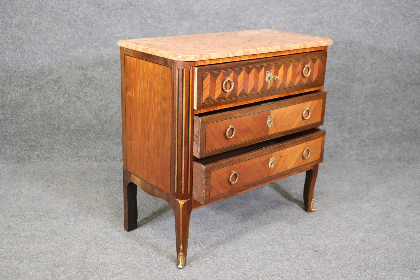 Fine Quality French Louis XV Kingwood and Coral Hued Marble Top Commode