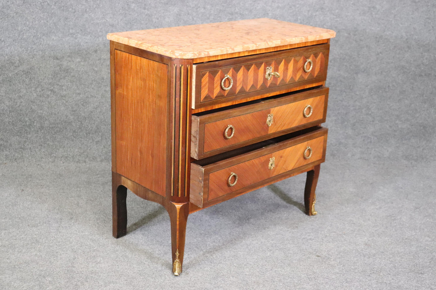 Fine Quality French Louis XV Kingwood and Coral Hued Marble Top Commode