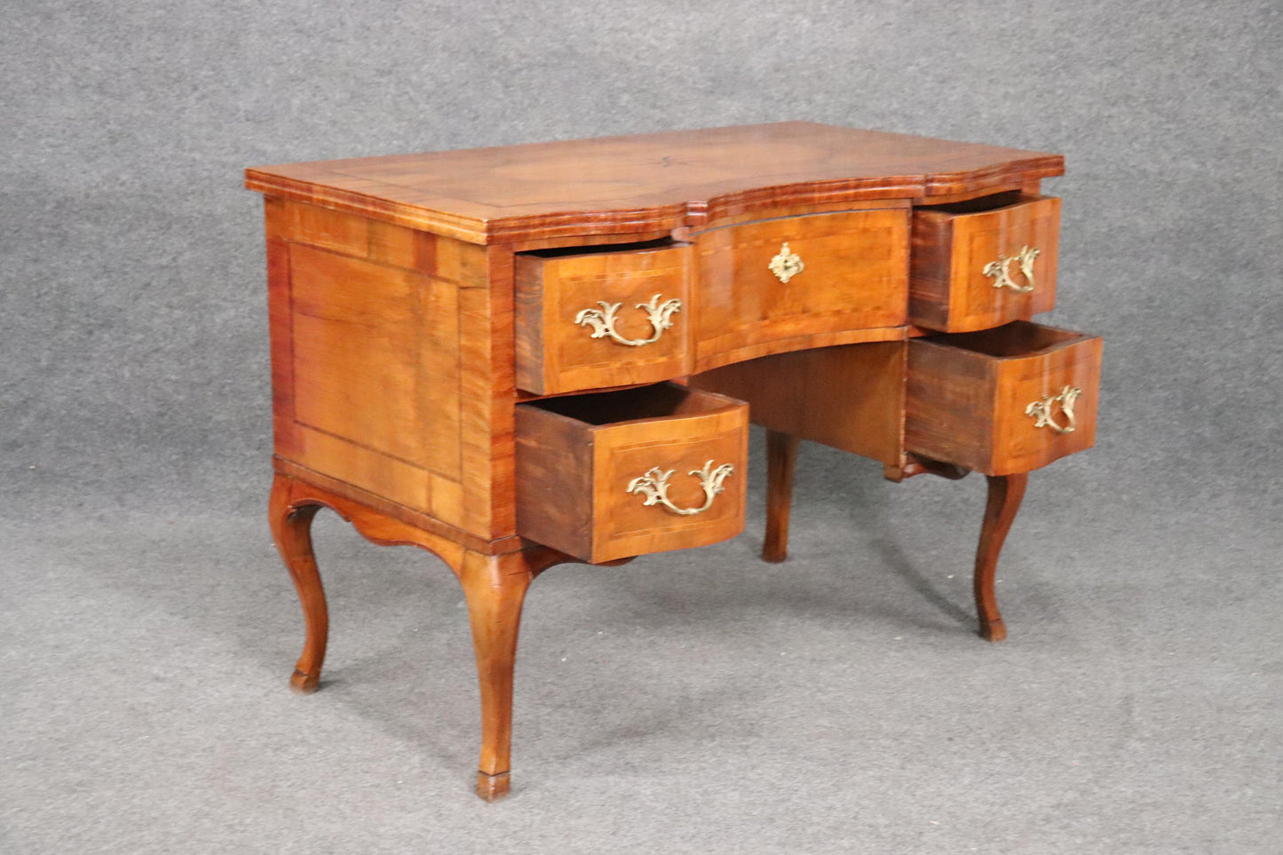 Gorgeous Inlaid Continental Louis XV Style Walnut Writing Desk circa 1920s