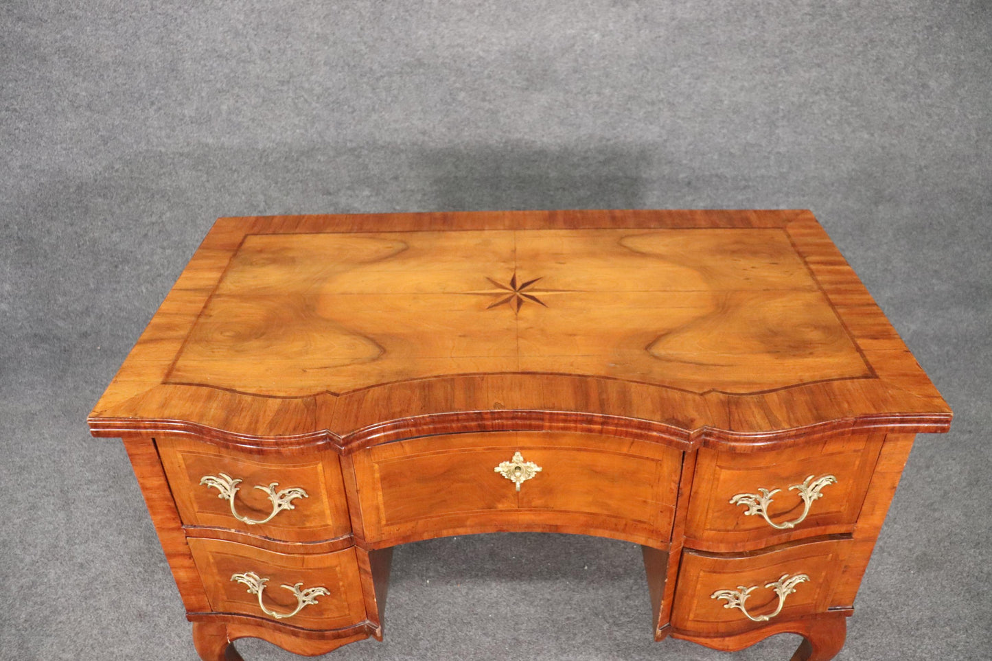 Gorgeous Inlaid Continental Louis XV Style Walnut Writing Desk circa 1920s