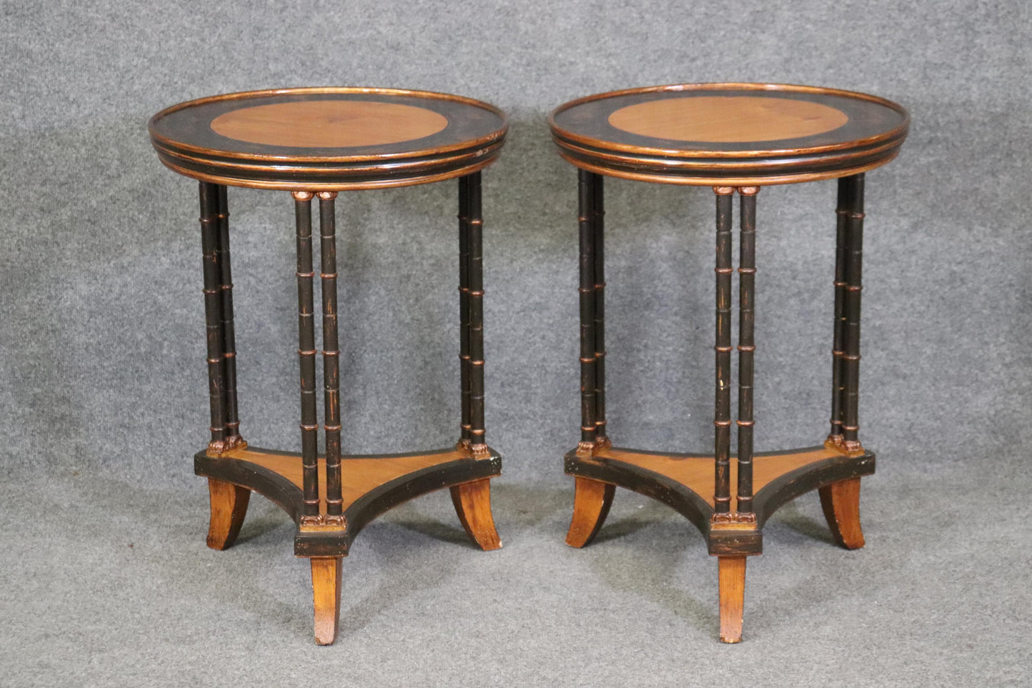 Pair of Chinoiserie Painted Faux Bamboo Yew Wood Gueridon Side Tables