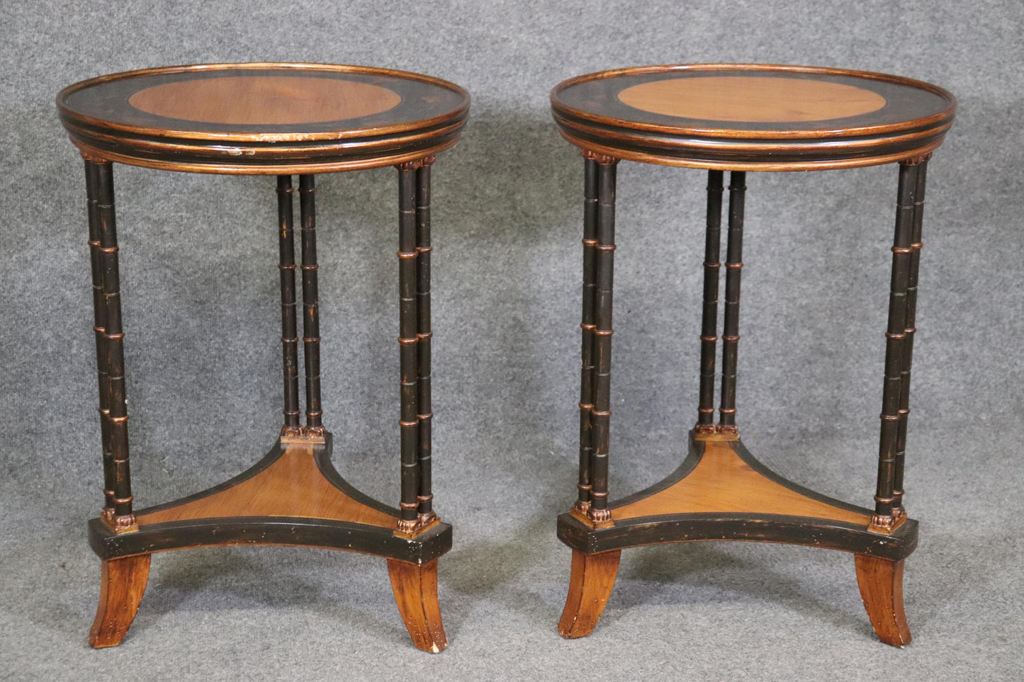 Pair of Chinoiserie Painted Faux Bamboo Yew Wood Gueridon Side Tables