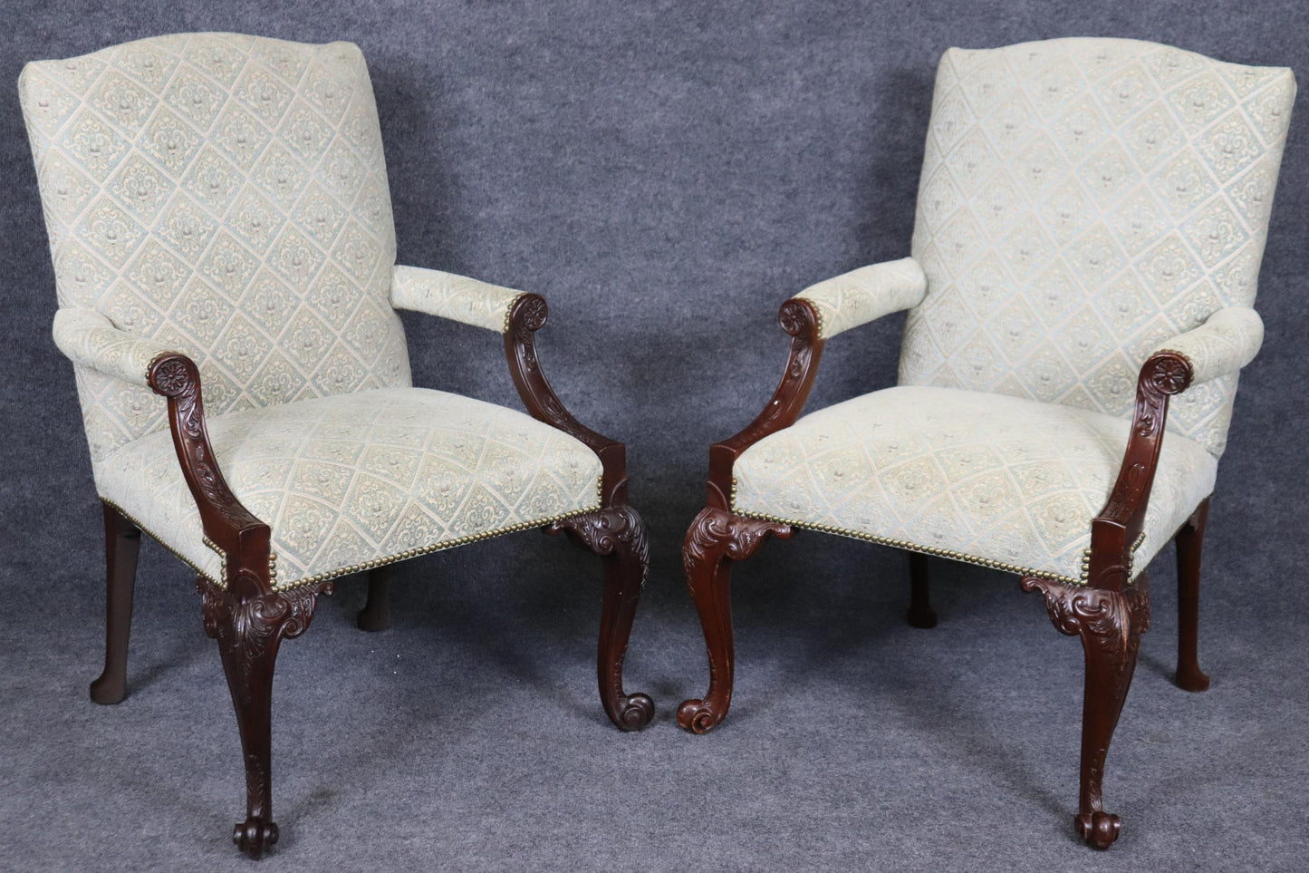 Rare Pair of Fine Carved English Mahogany Georgian Marlborough Armchairs