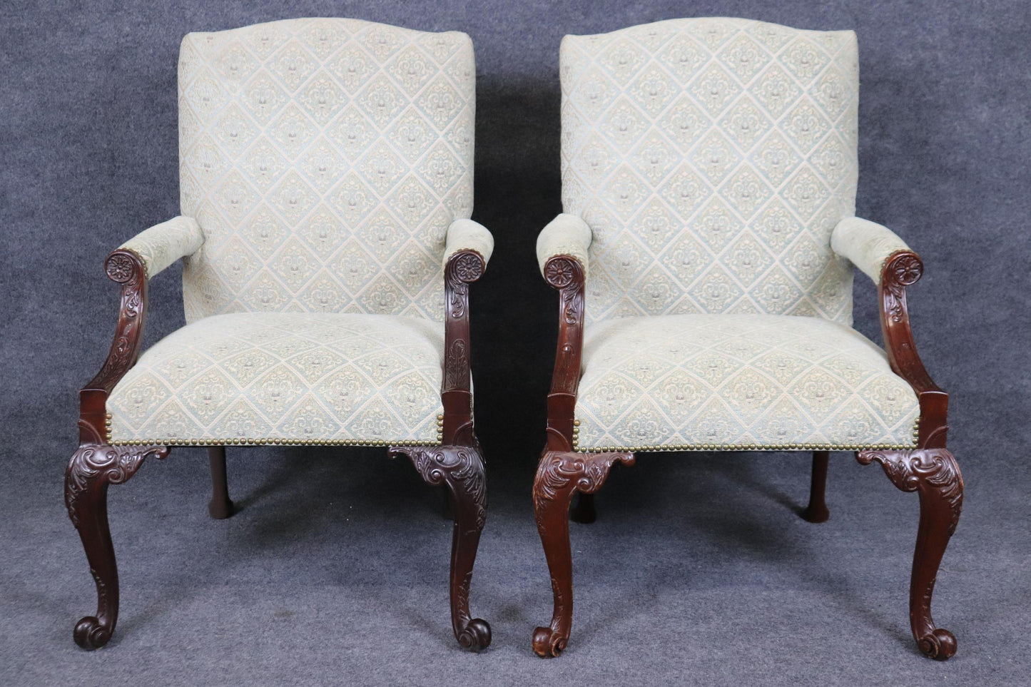 Rare Pair of Fine Carved English Mahogany Georgian Marlborough Armchairs