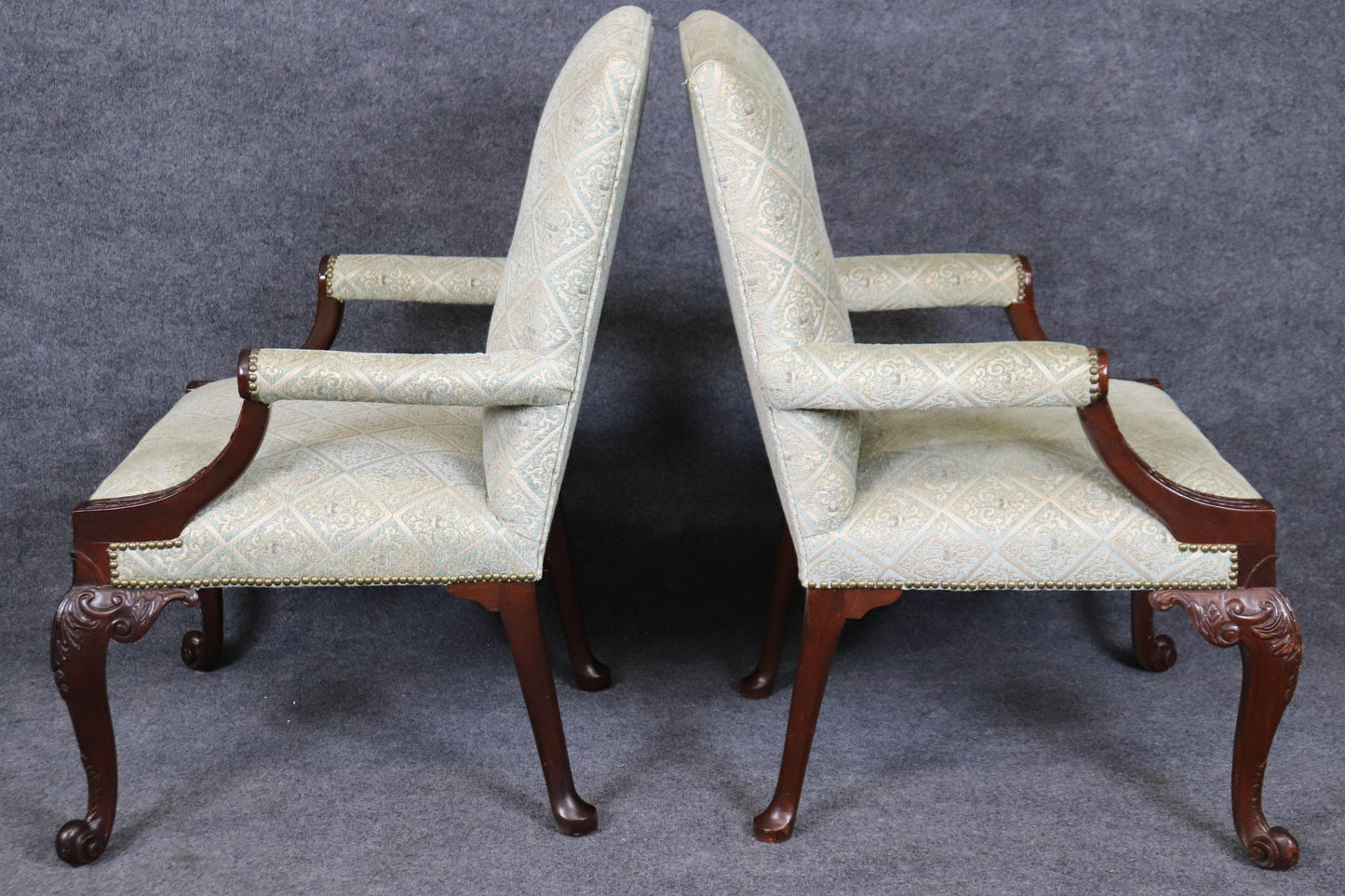 Rare Pair of Fine Carved English Mahogany Georgian Marlborough Armchairs