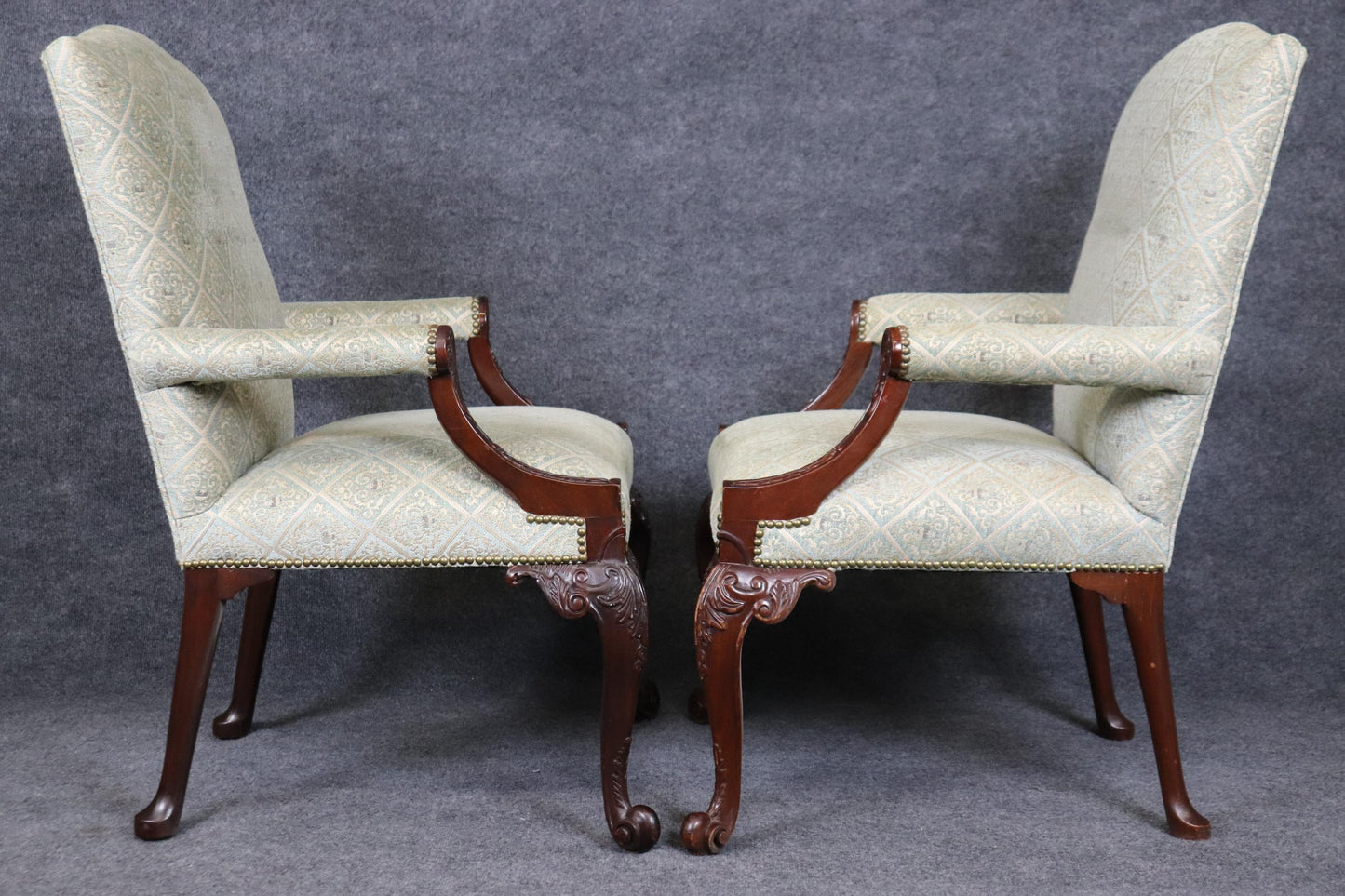 Rare Pair of Fine Carved English Mahogany Georgian Marlborough Armchairs