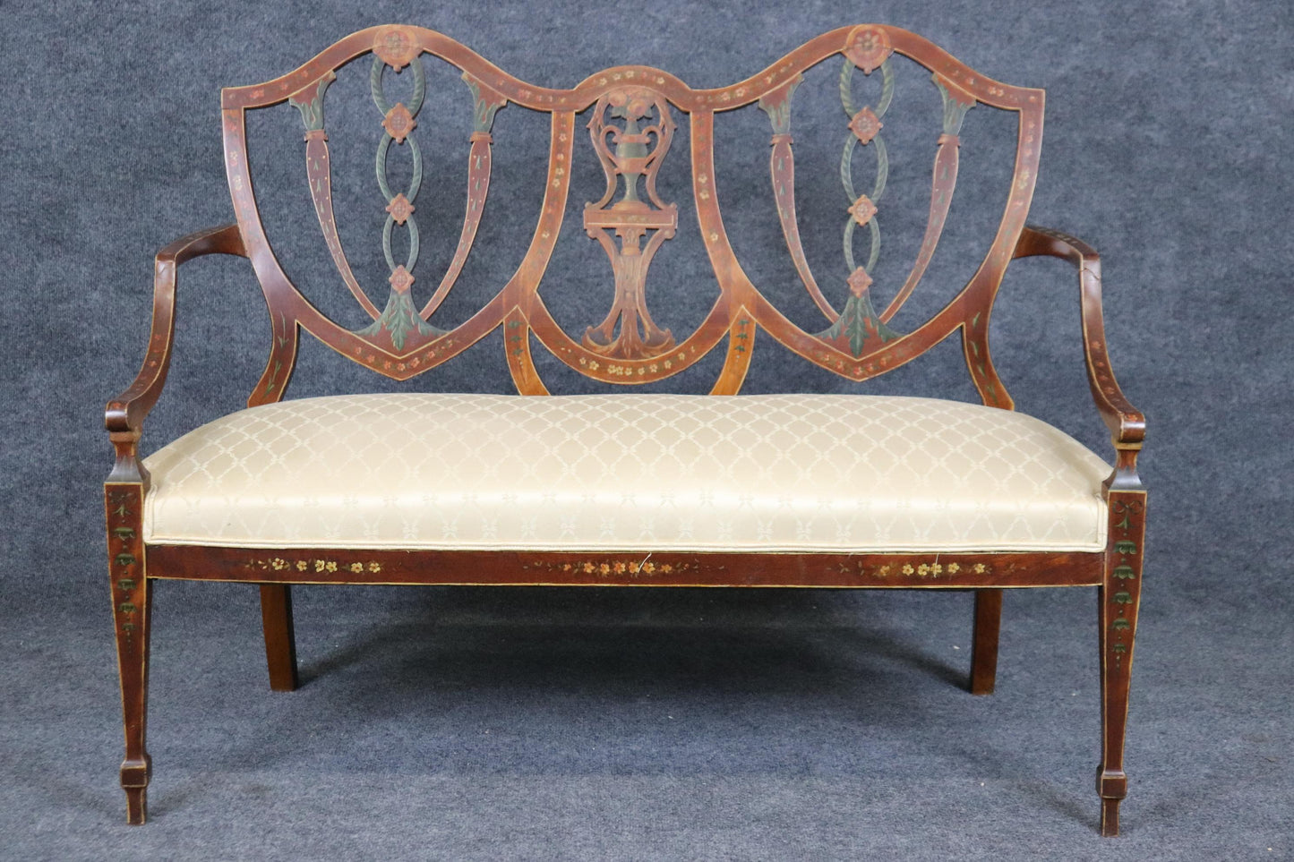 Fantastic Rare English Mahogany Adams Paint Decorated Shieldback Settee