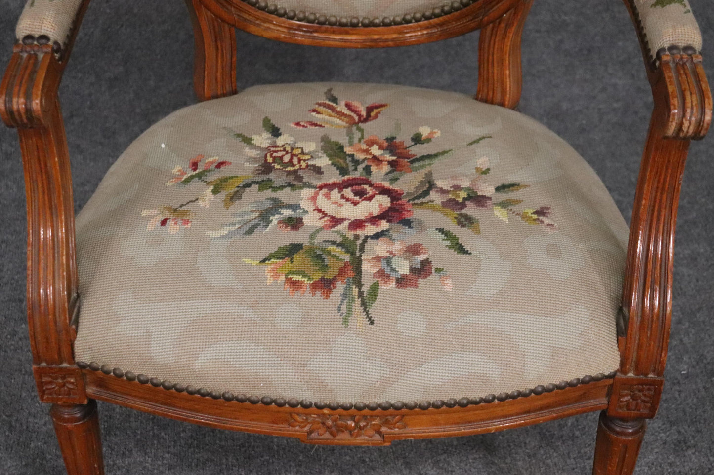 Fine French Louis XVI Carved Walnut Needlepoint Armchair Circa 1940