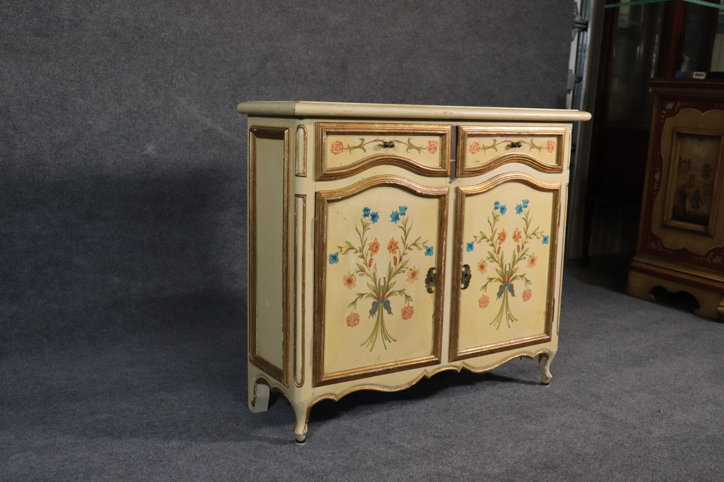 Paint Decorated Continental Italian Foyer Cabinet Console Table Buffet