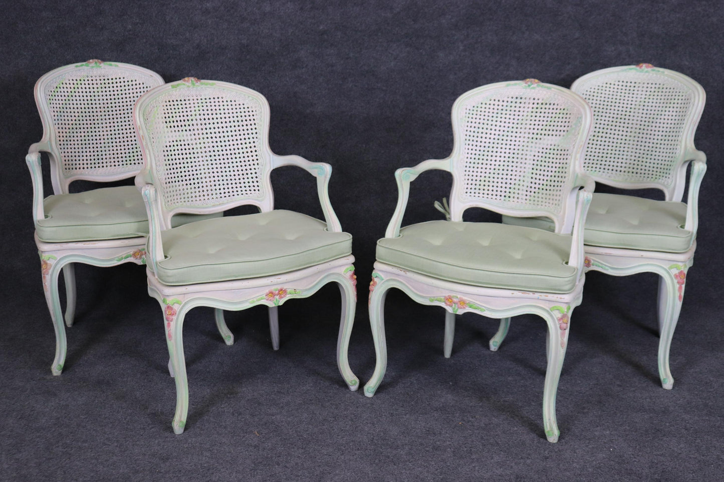 Set of Four Polychromed Cane Seat and Back French Louis XV Dining Salong Chairs