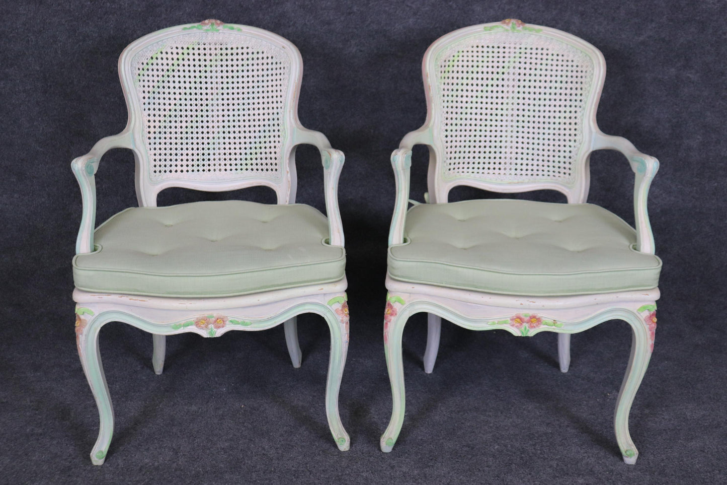 Set of Four Polychromed Cane Seat and Back French Louis XV Dining Salong Chairs