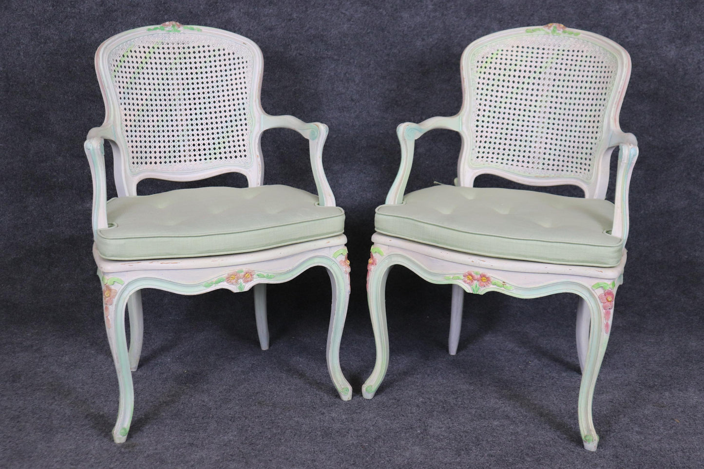 Set of Four Polychromed Cane Seat and Back French Louis XV Dining Salong Chairs