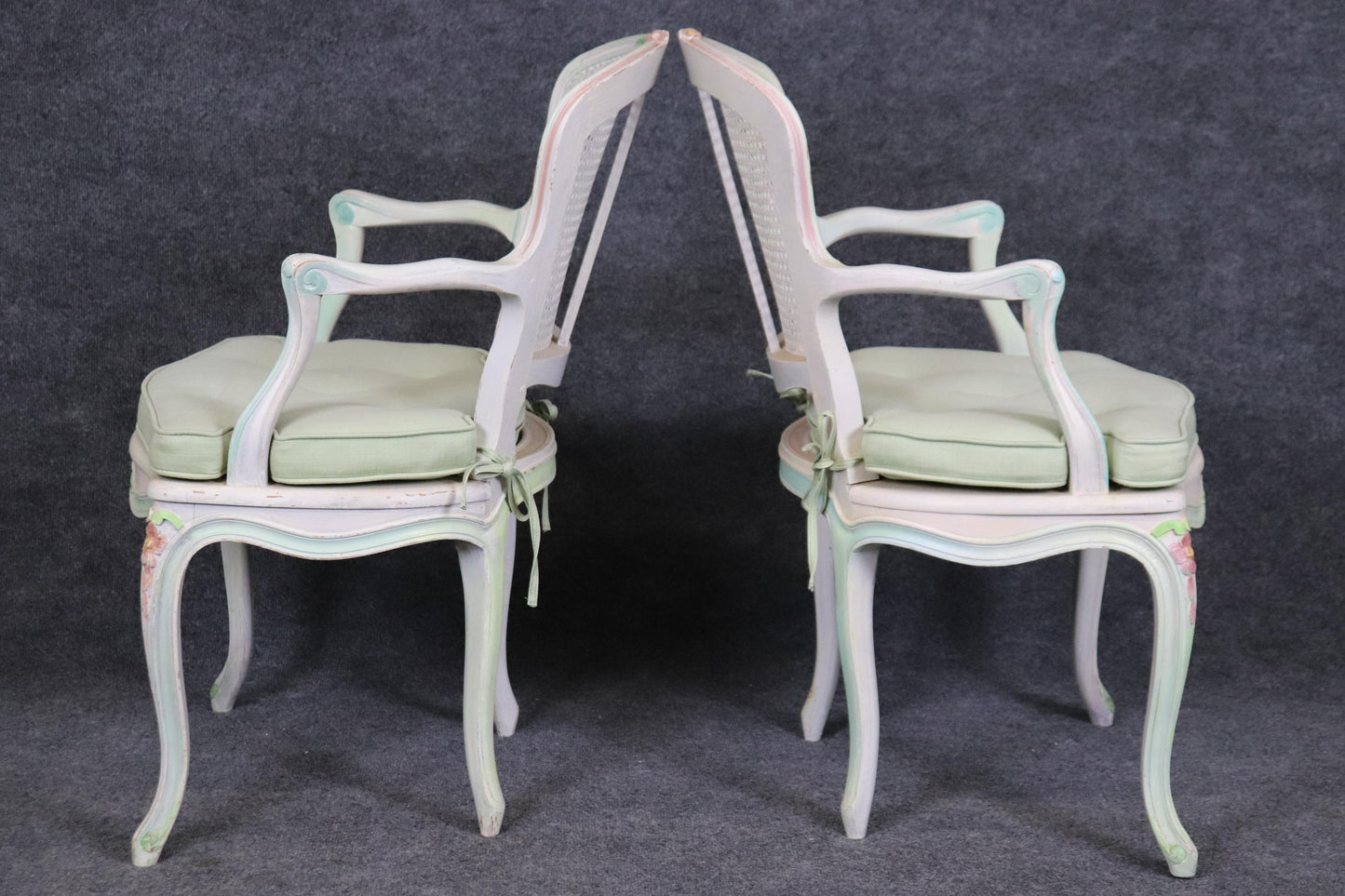 Set of Four Polychromed Cane Seat and Back French Louis XV Dining Salong Chairs