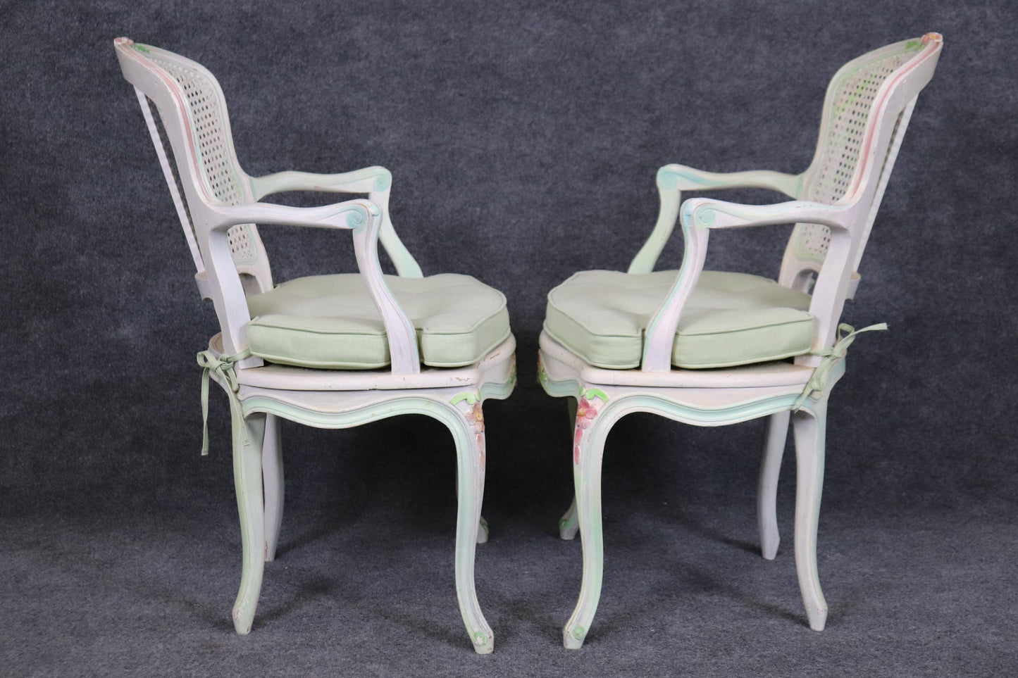 Set of Four Polychromed Cane Seat and Back French Louis XV Dining Salong Chairs